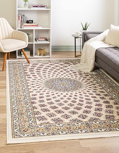 Rugs.com Rabia Collection - Alfombra baja marfil de 5 x 8 pies, perfecta para dormitorios, comedores, salas de estar
