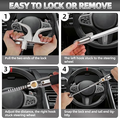 Miniatura 6 de Cerradura de volante 4 en 1, bloqueo de volante de automóvil con linternaluz LED SOS, martillo de escape, cortador de cinturón de seguridad, 2