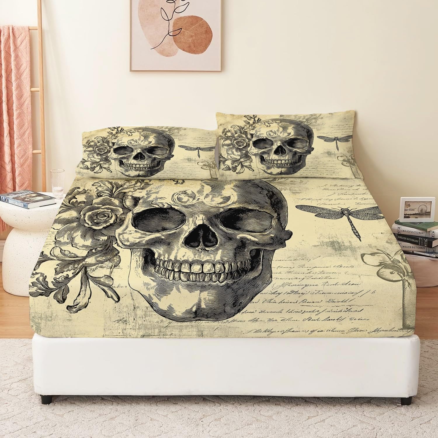 Lenzuolo con angoli 160 x 200 cm Teschio in stile gotico Biancheria da letto 3 pezzi con angoli stampati Colore Lenzuolo Lenzuolo con angoli extra profondo con federe