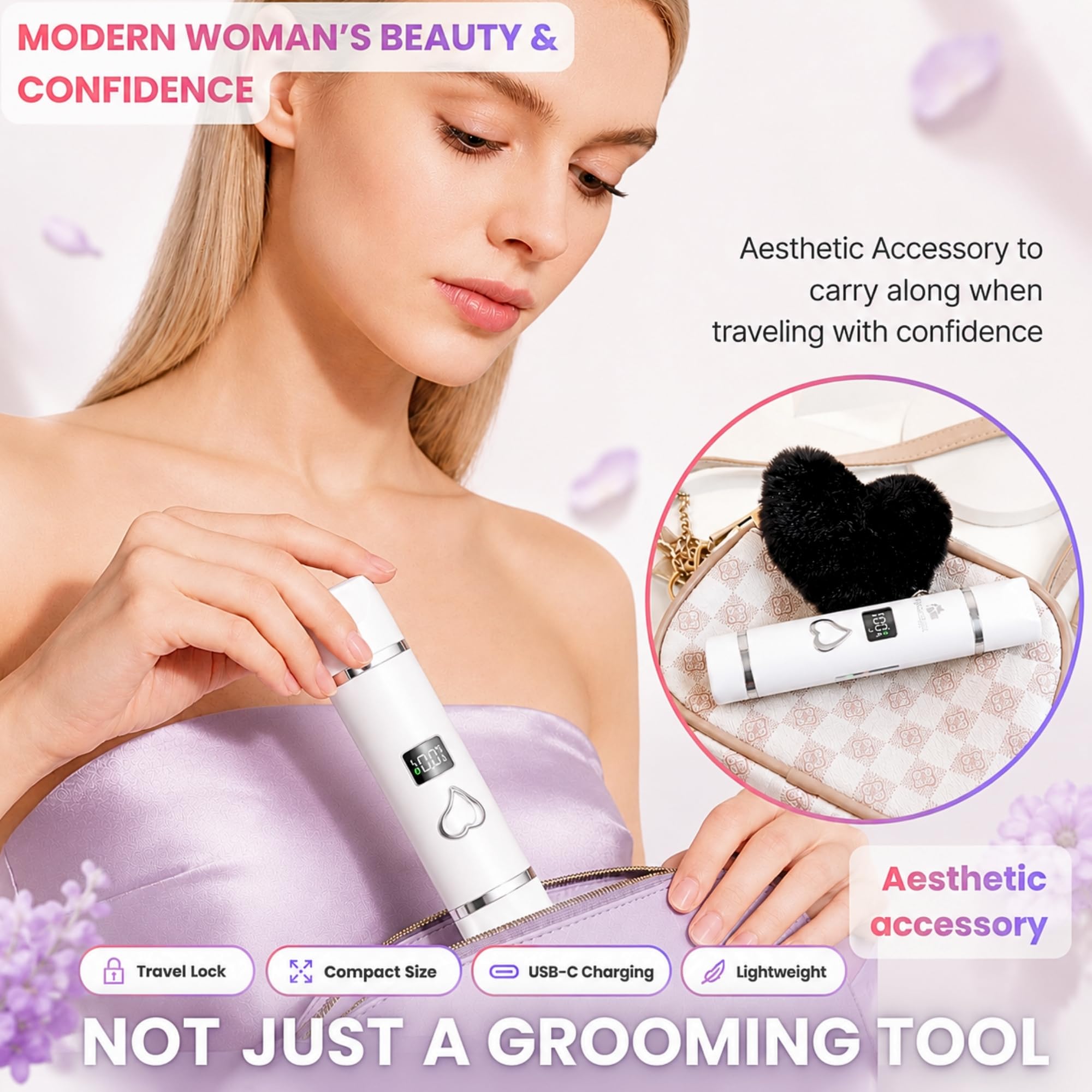Maquinilla de afeitar eléctrica para mujer, recortadora de bikini y removedor de vello facial, recargable con hoja de cerámica, impermeable, pantalla LED, USB-C, bloqueo de viaje, regalo de