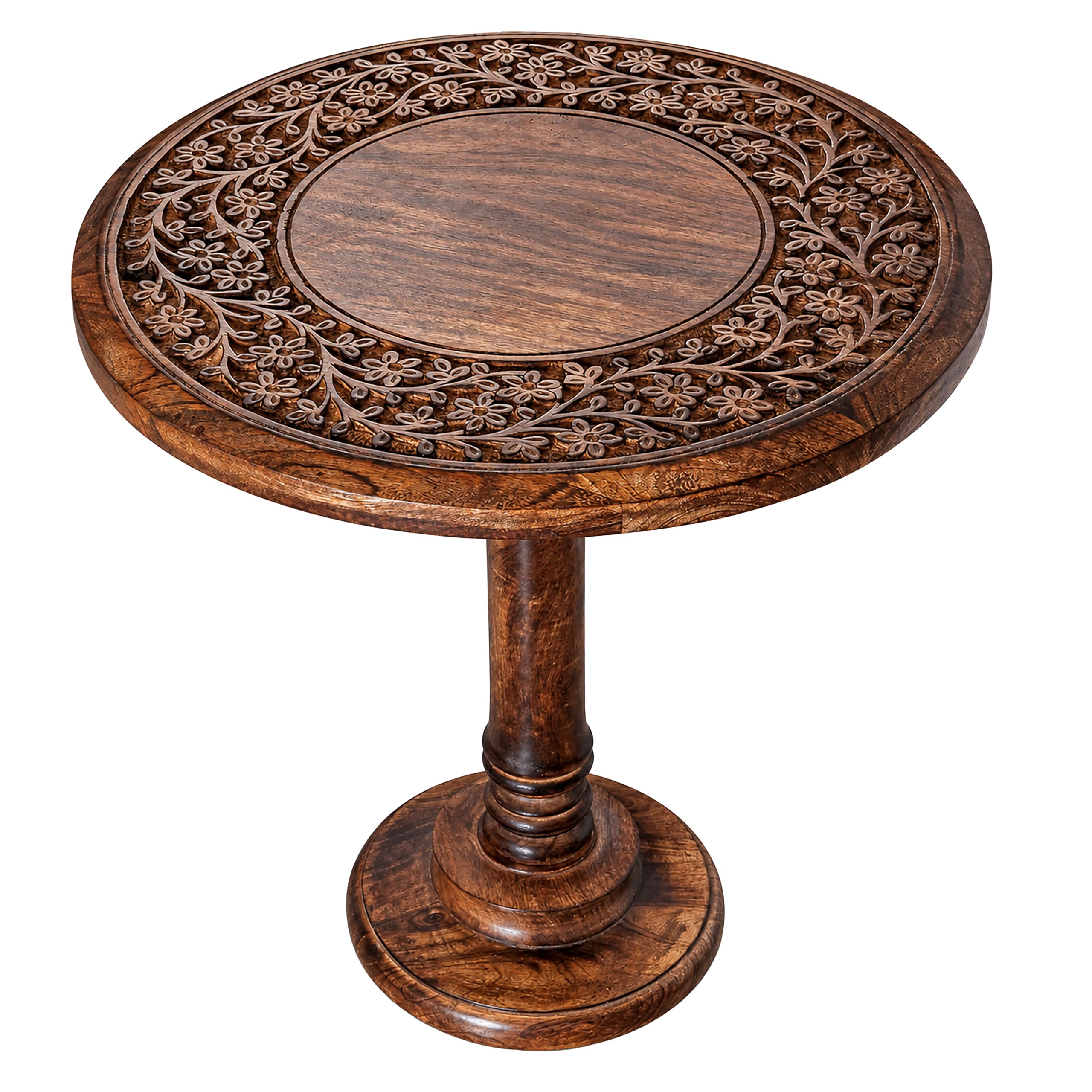 Alpha Living Home Farmhouse End Table, Burnt Brown Flowers Solid Mango Wood Round Side Table, 18 x 22 Inch Rustic Wooden Accent Table for Living Room, Bedroom &amp; Sofa Side