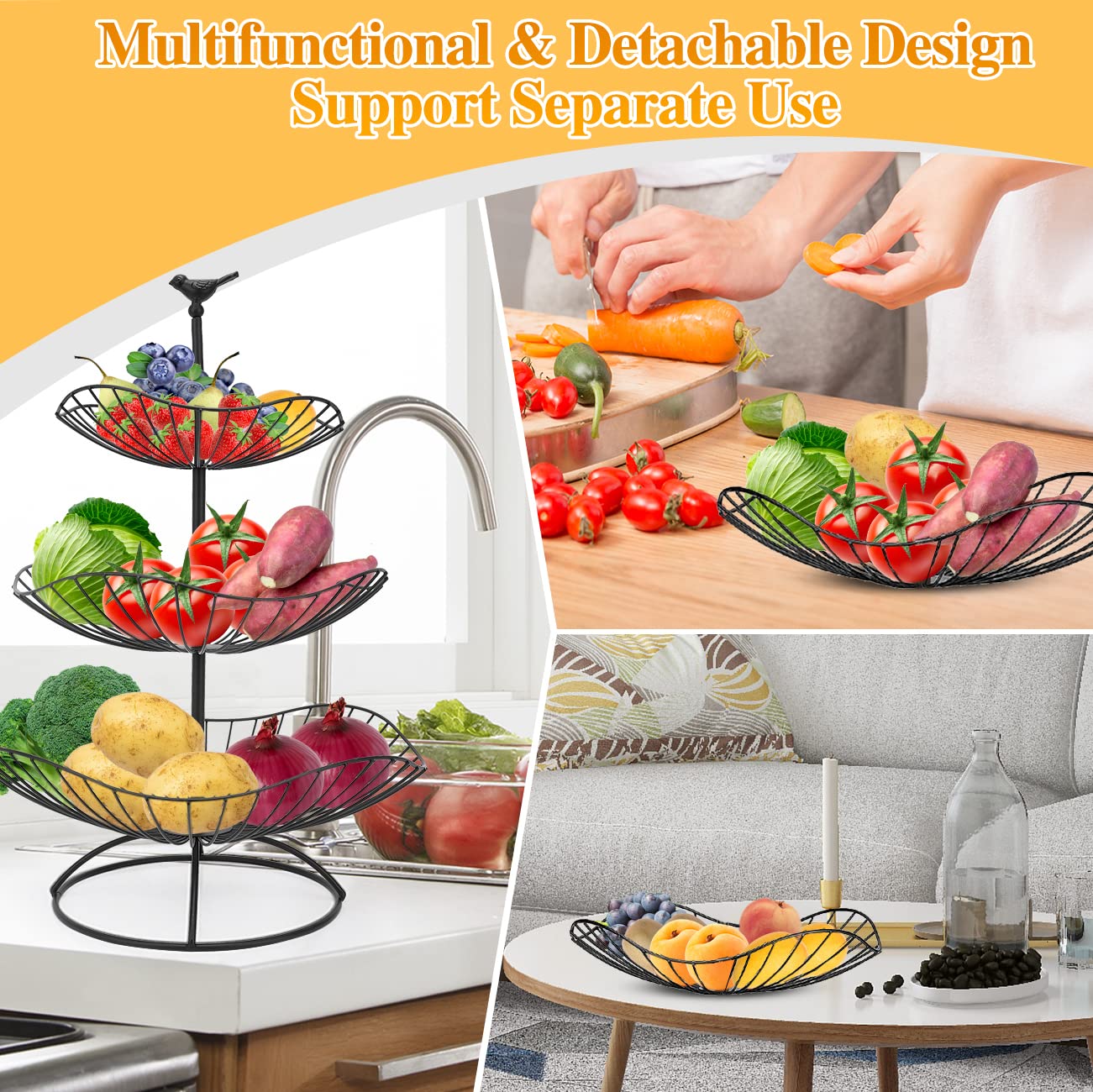 Relaxdays Frutero De 3 Pisos, Cesta Para Frutas Cocina De Pie, Verduras