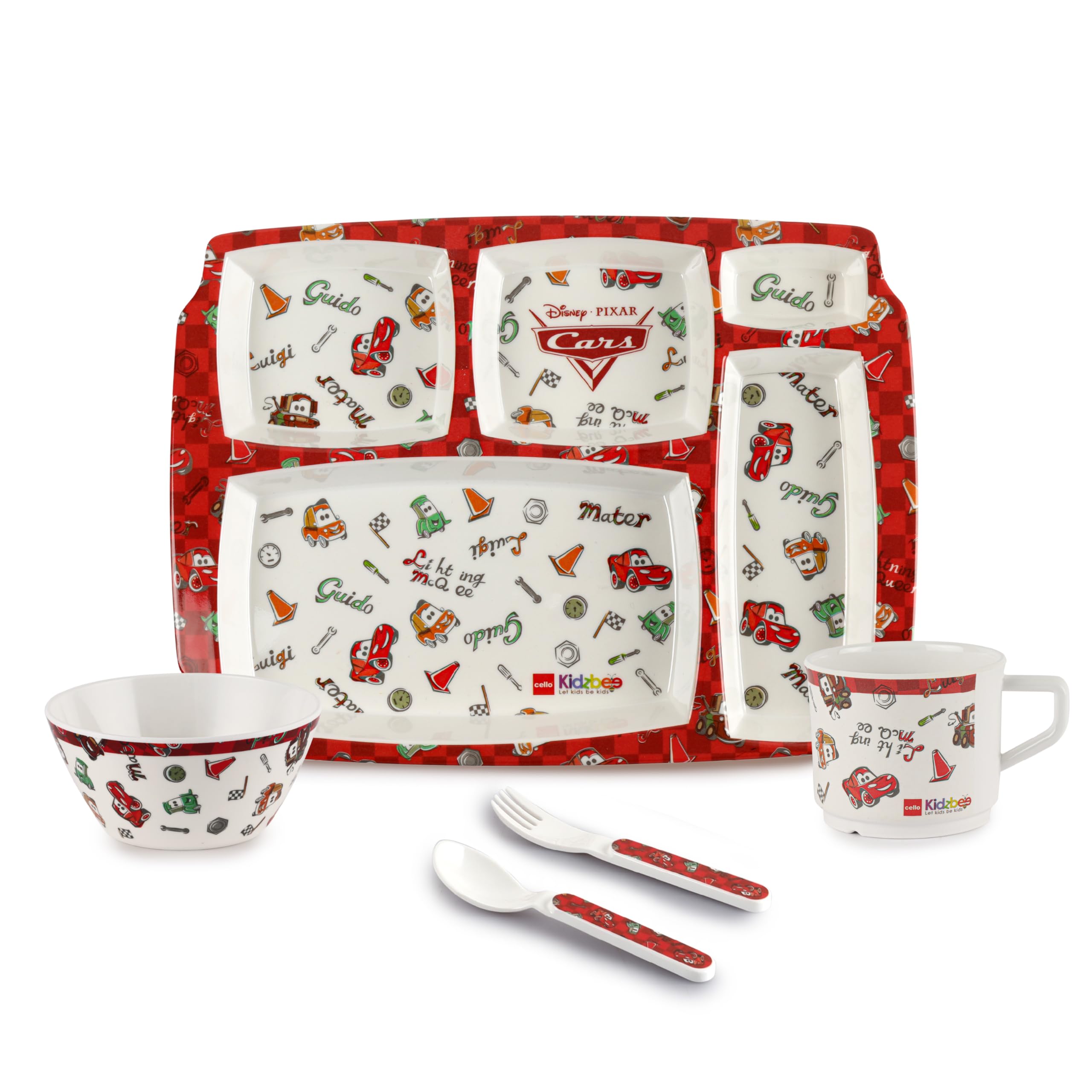 Cello Kidzbee Pentameal Pixar Car Melamine Meal Set for Kids, Set of 5, Red | BPA Free and Food-Grade Material | Attractive and Kidfriendly Designs | Break Resistant & Durable Set-image-38