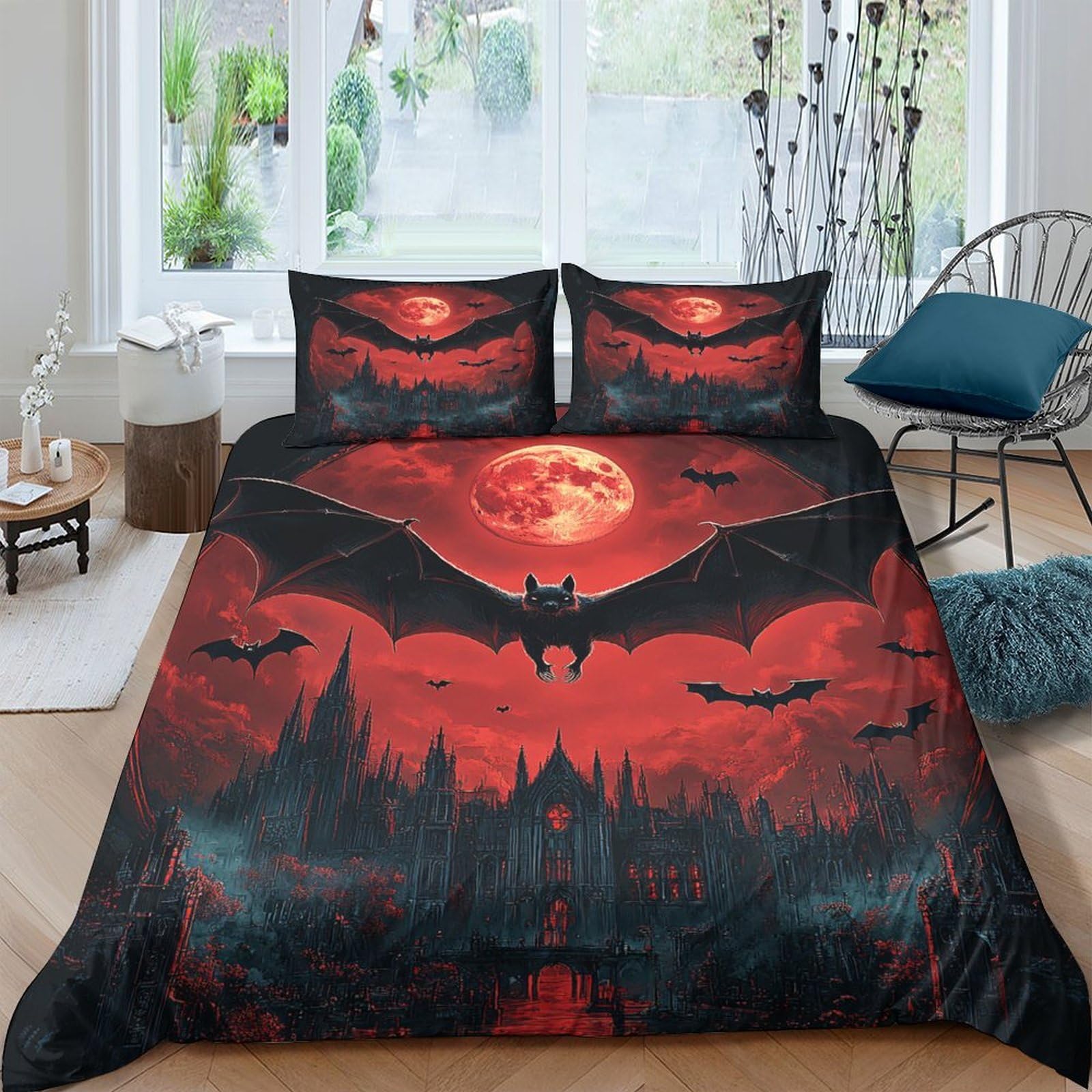 TUFRTGYHN 3D Printed Vampire Bat Moon Duvet Cover Set Microfiber Soft Breathable Gothic Dark Castle Bedding with 2 Pillowcases for Bedroom Decor Single（135x200cm）