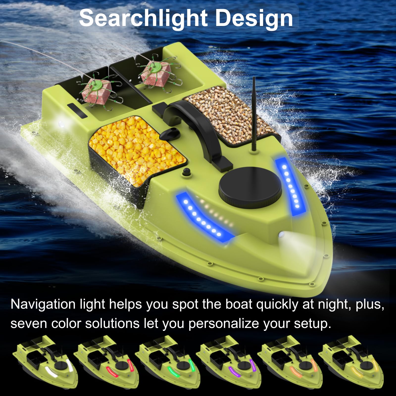 GPS. Barca per mangimi, 500 m, radiocomandata, Dual Motor Fish Finder con luce di navigazione e schermo LED per pesca, doppia struttura del cuscinetto, telecomando 2,4 G, giroscopio a sei