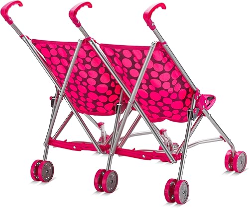 Miniatura 3 de Cochecito de muñeca doble para muñecas gemelas – Cochecito de juguete para niños pequeños de 3 años en adelante, diseño de lunares rosas y negros