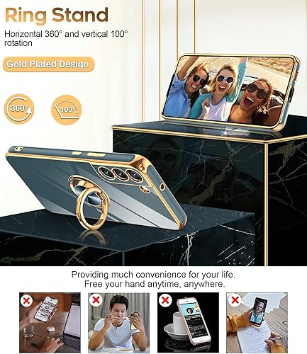 Miniatura 3 de LeYi para Samsung Galaxy S22 Plus Funda con Soporte de Anillo Giratorio de 360, Soporte Magnético Plegable, Borde Chapado en Oro Rosa Protector para