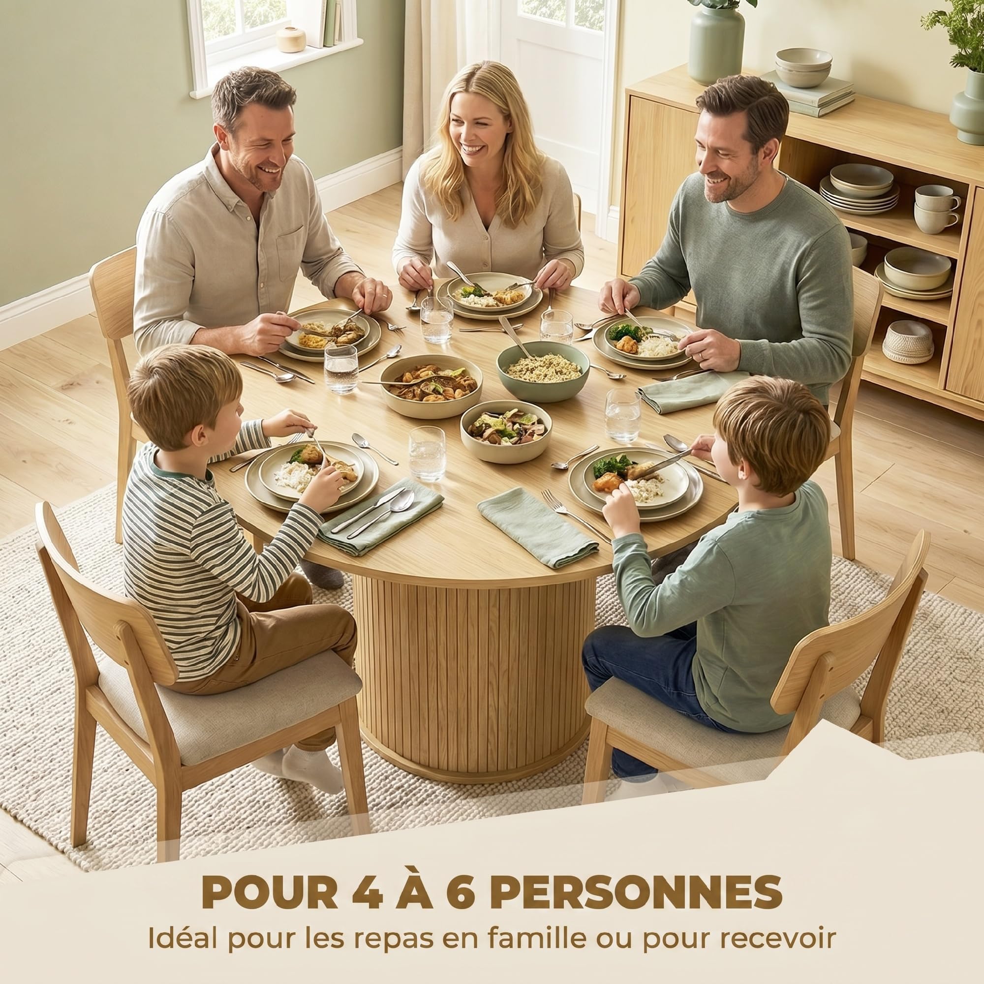 HOMCOM Table à Manger Ronde pour 4-6 Personnes Ø 120 x 75 cm Bois Naturel | Table de Cuisine Moderne, Large Plateau, Base Cylindrique Cannelée, pour Salon, Salle à Manger