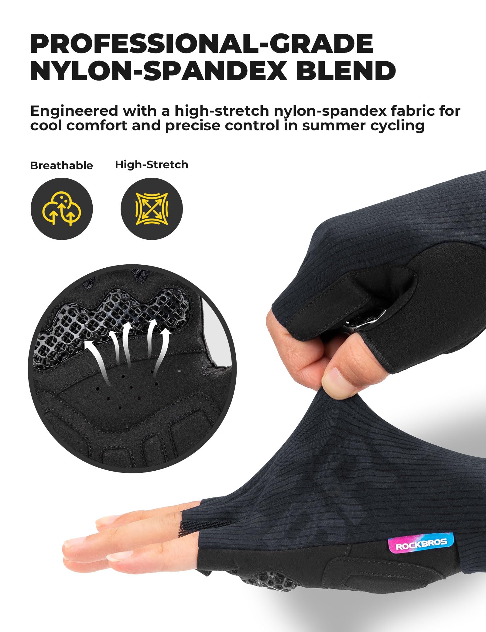 ROCKBROS Halbfinger-Fahrradhandschuhe Sommer für Damen und Herren, Elastisch & Atmungsaktiv, Anti-Rutsch- und Dämpfungspolster, ideal für Radsport, Laufen, Training, Fitness, MTB