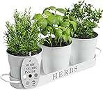Barnyard Designs Indoor Herb Garden Planter Set with Tray, Metal Windowsill Plant Pots with Drainage for Outdoor or Indoor Plants, Set/3 (White)