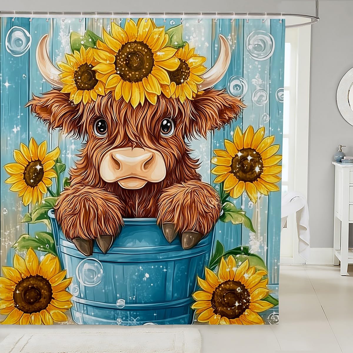 Homemissing Highland Cow Bath Curtain 180x180cm Dasiy Shower Curtain Animal Bathroom Shower Curtain Set Western Decor Bathroom Accessories Water Blue — image 1