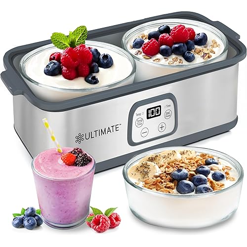 Ultimate Probiotic Yogurt Maker with Adjustable Time & Temp Control - Make Trillions of Live Probiotics with Two 1-Quart Containers for Larger Batches - Greek Yogurt Maker - ULTIMATE LIFETIME WARRANTY
