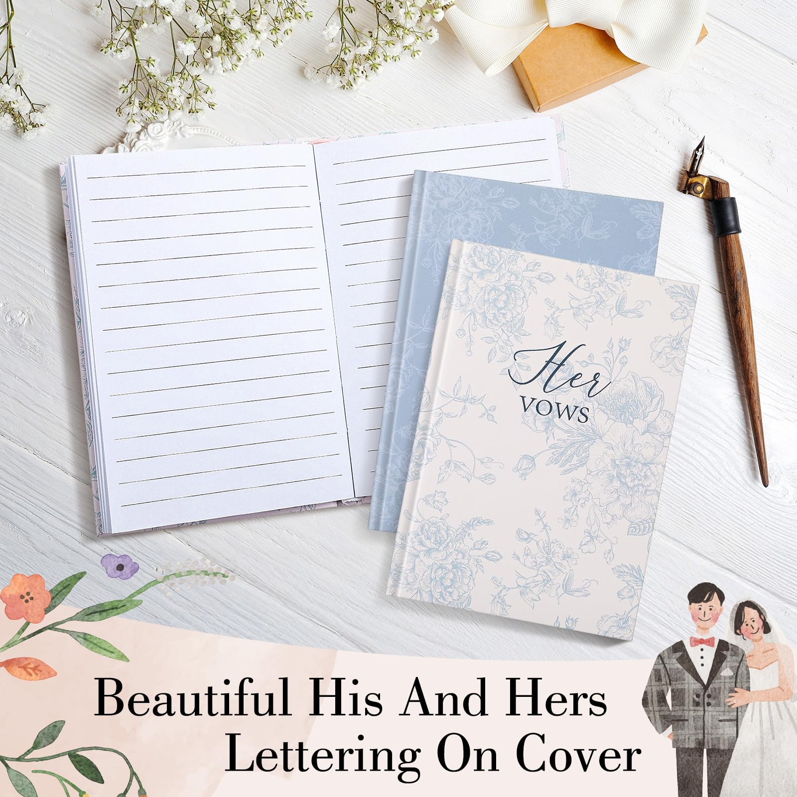 Engrowtic Set of 2 Vow Books His and Hers, Wedding Vow Books (6.06x4.17) Wedding Keepsake Essentials Elegant Bridal Shower Ceremony Gift Elopement Essentials(Blue,Floral)