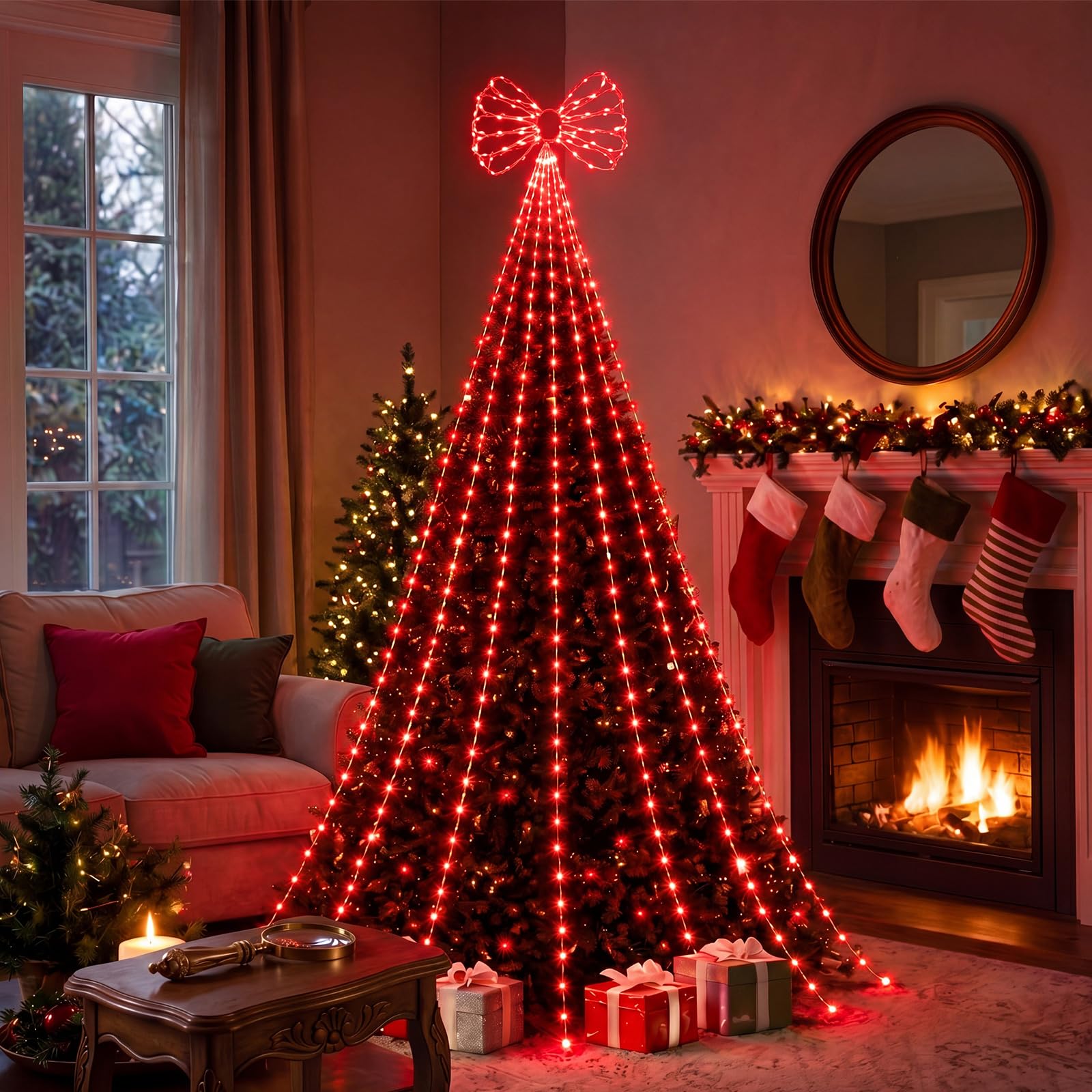 Gerrii 3,4 m 290 LED di Natale cascata luci di Natale fiocco rosso Xams albero decorazioni esterne spina in impermeabile cascata luce per albero giardino patio cortile decorazione festa