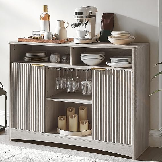 Amada Coffee Bar Cabinet with Wine Glass Rack, 47.2" Buffet Sideboard with Adjustable Shelves, Storage Cabinet for Kitchen,Entryway,Dining Room, Home Bar, Holds 200 lbs, Soft-Close Hinges,Grey
