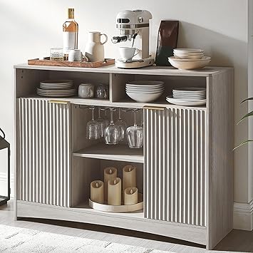 Amada Coffee Bar Cabinet with Wine Glass Rack, 47.2" Buffet Sideboard with Adjustable Shelves, Storage Cabinet for Kitchen,Entryway,Dining Room, Home Bar, Holds 200 lbs, Soft-Close Hinges,Grey