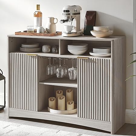 Amada Coffee Bar Cabinet with Wine Glass Rack, 47.2" Buffet Sideboard with Adjustable Shelves, Storage Cabinet for Kitchen,Entryway,Dining Room, Home Bar, Holds 200 lbs, Soft-Close Hinges,Grey