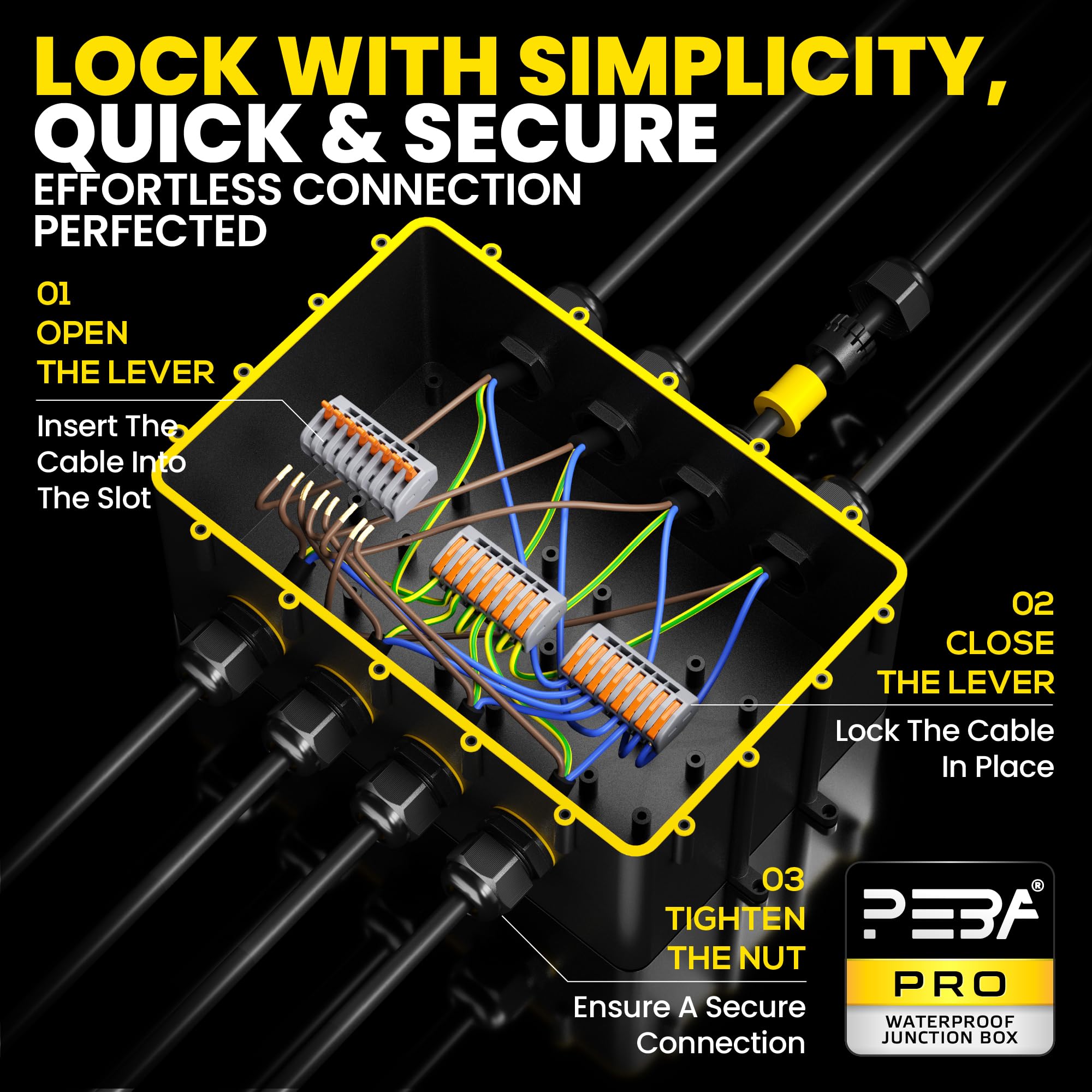 PEBA® Cajas de Conexiones Impermeables IP68, Conector de cable estanco,Caja de conexiones de conector de cable Exterior Extragrande de 8 vías, Apto para cables Ø4-14 mm Caja Conexiones Negro