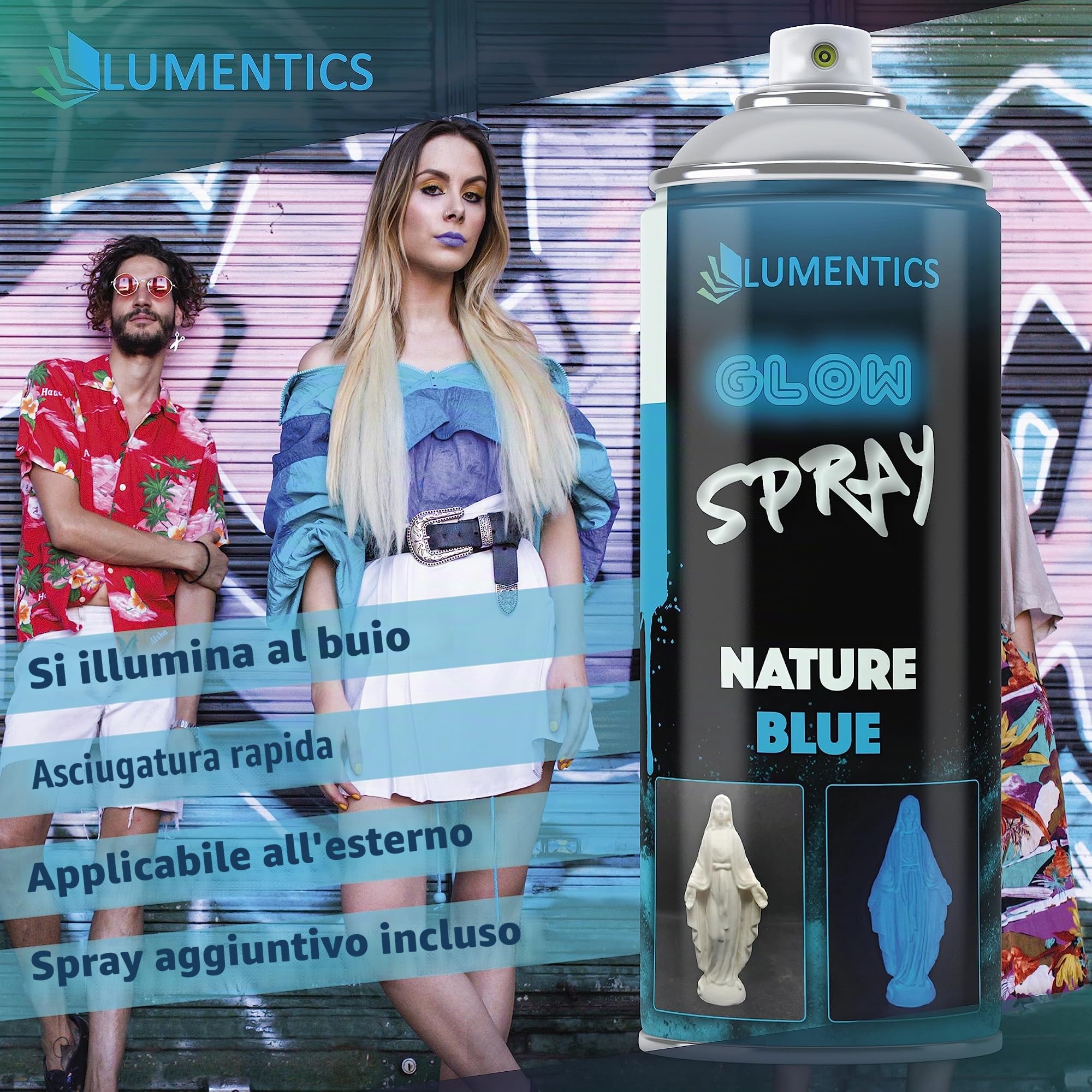 lumentics Spray luminoso Naturale-Blu 400ml - Vernice spray con effetto afterglow - Colore spray fosforescente - Si illumina al buio