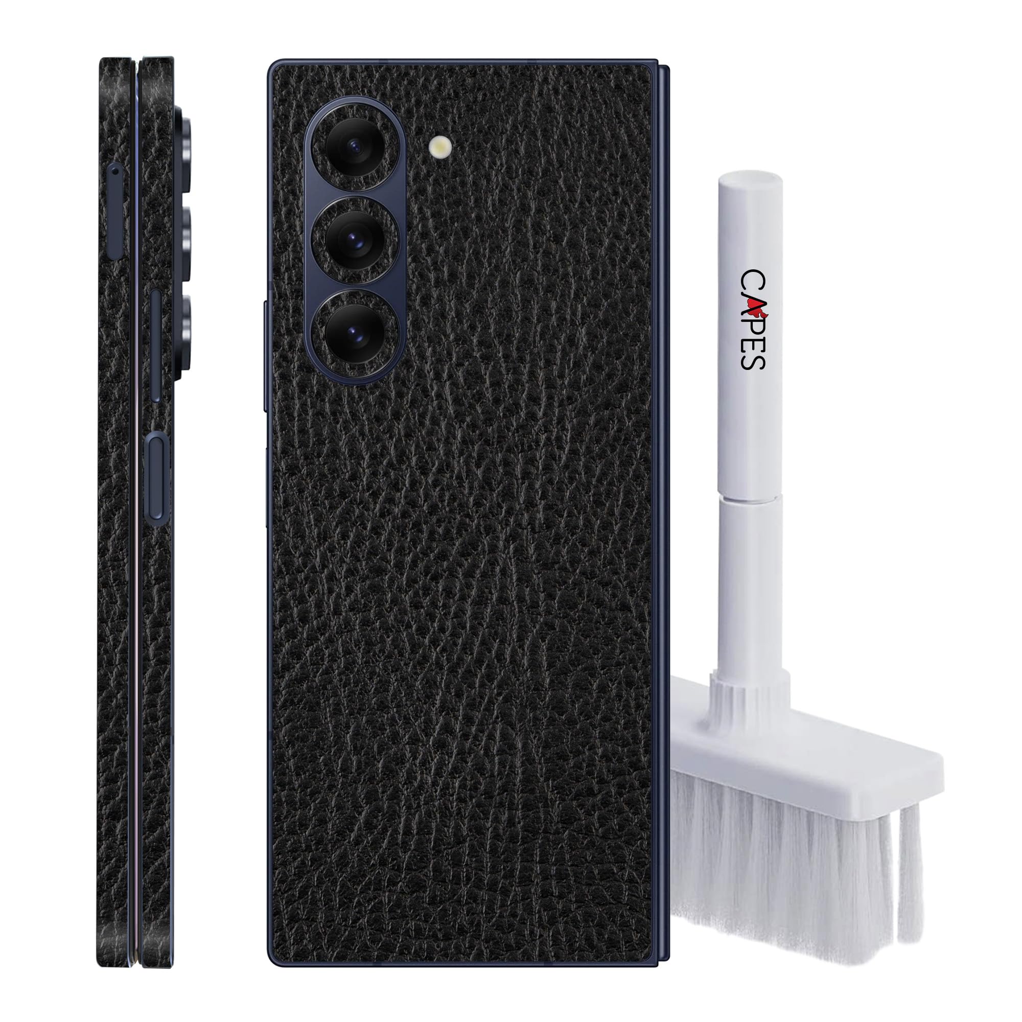 Capes India Mobile Phone Skins Compatible with Samsung Galaxy Z Fold 6 | Not a Cover/Case | Protective Film Vinyl Sticker (Black Leather, Glass Back Skin + Tech Cleaner)