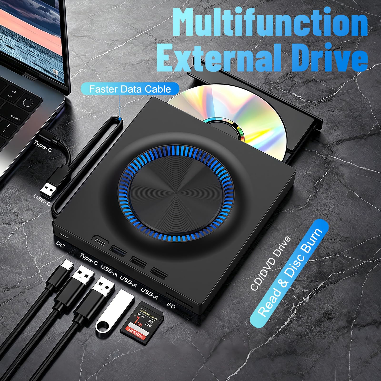 Lecteur Blu-ray externe, graveur Blu-ray 7 en 1, graveur de DVD/CD avec lumière ambiante RVB, lecteur Blu-ray portable ultra fin avec port SD