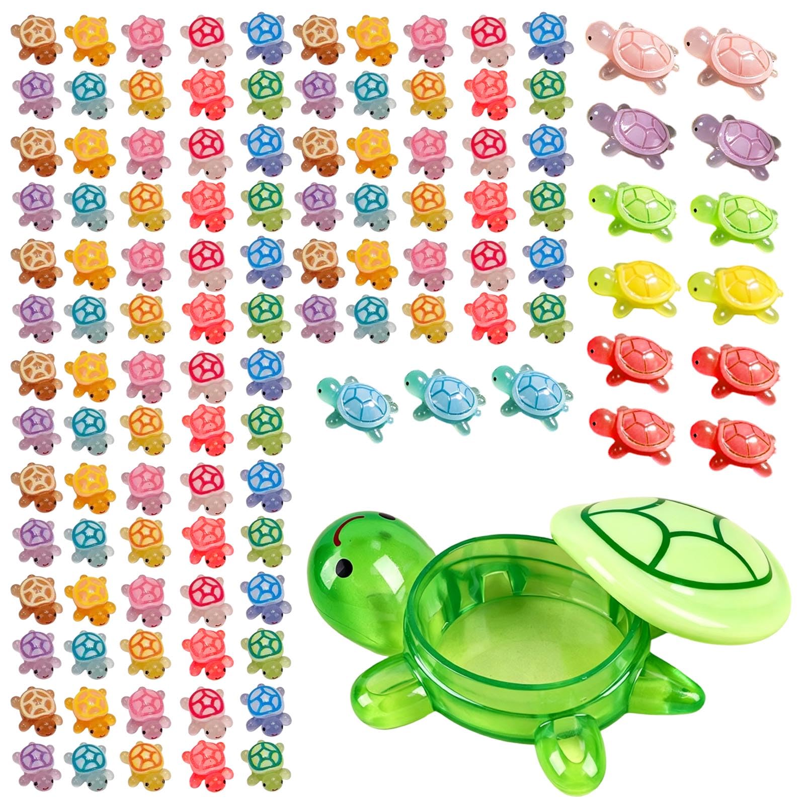 116 Mini Tortugas Resina, 1 Grande Verde, 100 Mini Tortugas 1,1 cm, 15 Pequeñas Tortugas 2 cm, Figuras Luminosas, Tortugas de Colores para Jardines Miniatura & Acuario