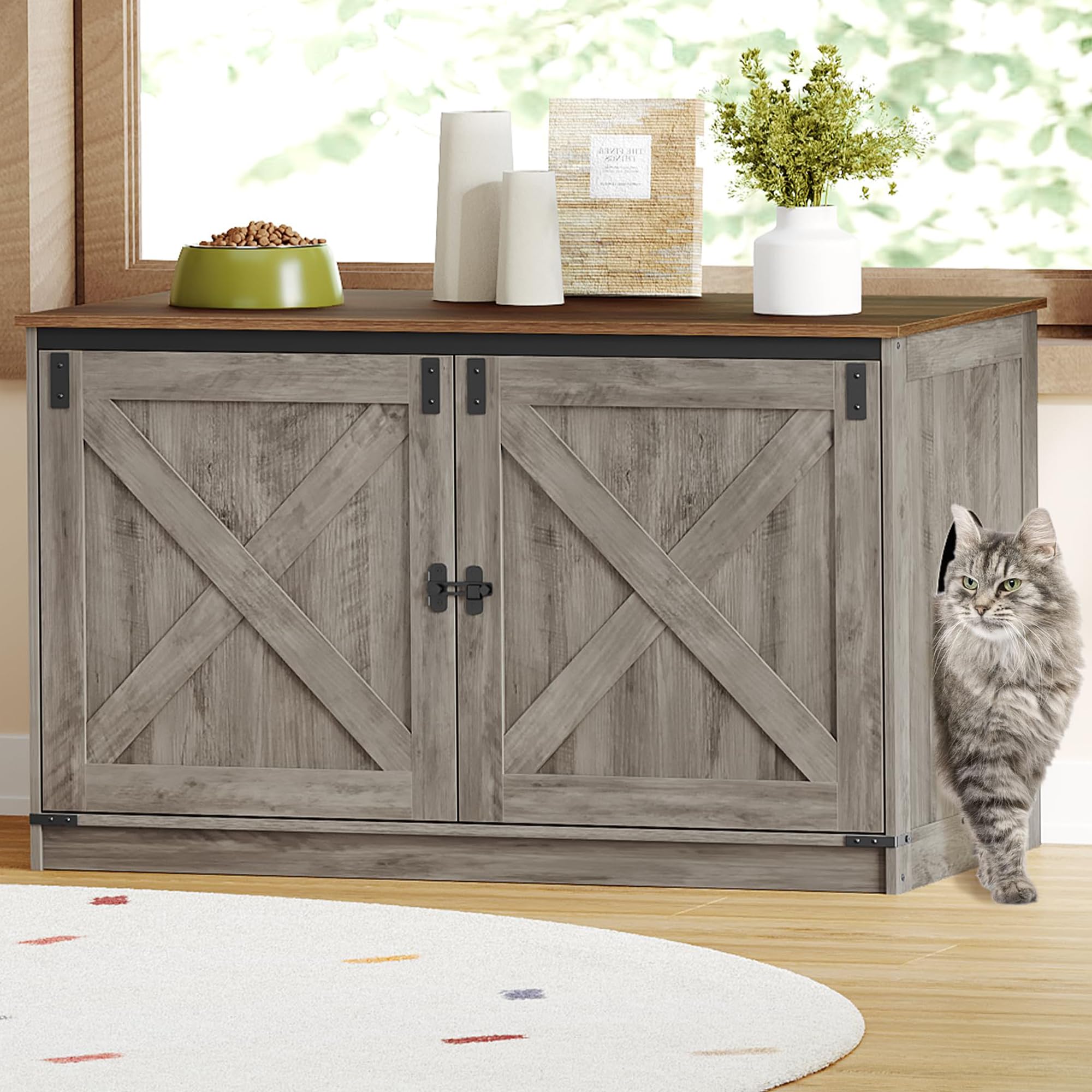 Photo 1 of Hzuaneri Cat Litter Box Enclosure with Cushion, Hidden Litter Box Furniture with Removable Dividers, Reversible Entrance Left or Right Side, Cat House, Greige CB84705X