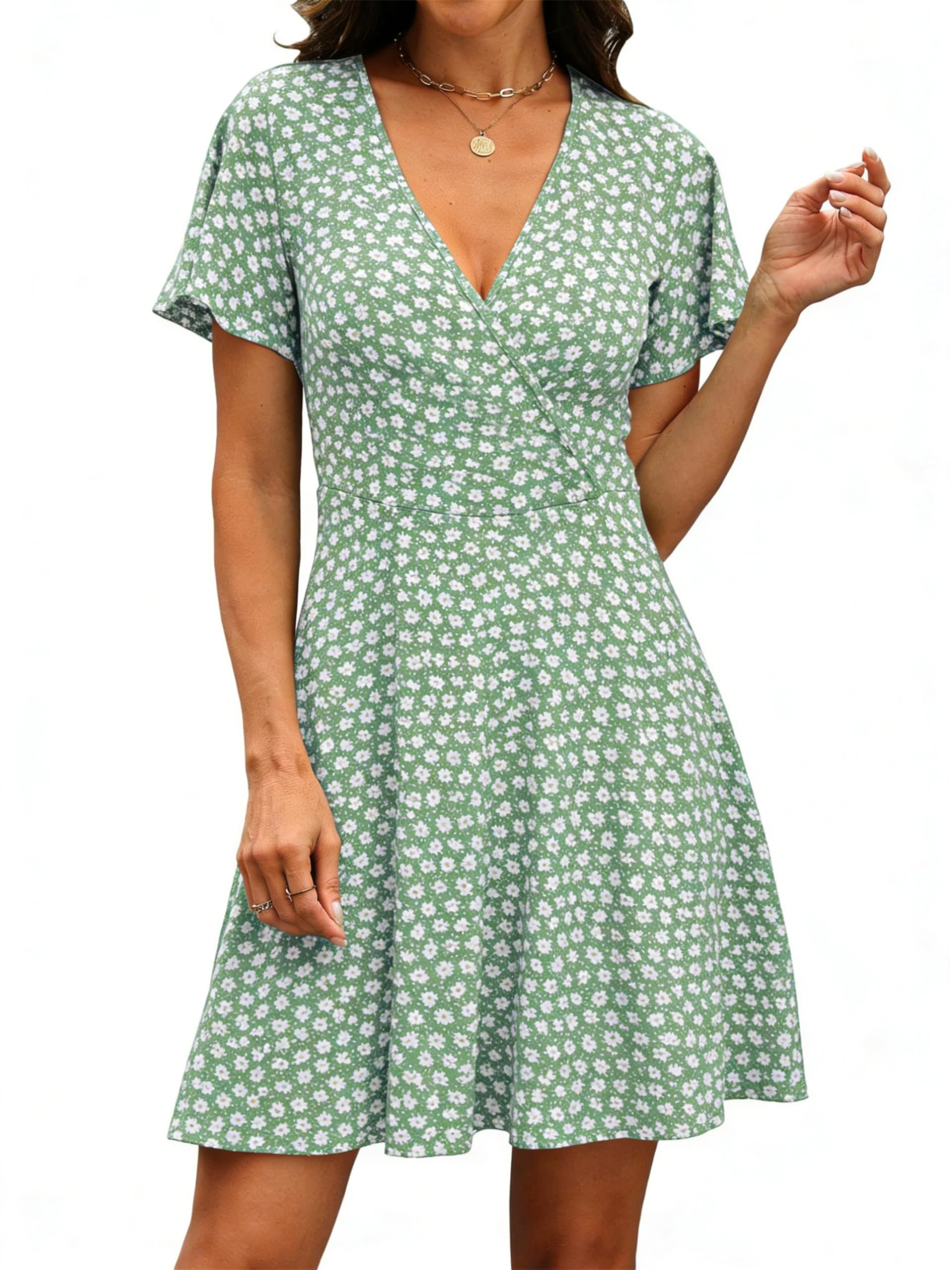 Oyamiki Abiti estivi da donna con scollo a V prendisole casual floreale da spiaggia avvolgente abito a maniche corte con tasche | Sopra il ginocchio, manica corta con volant, Midi, linea A, stile casual alla moda