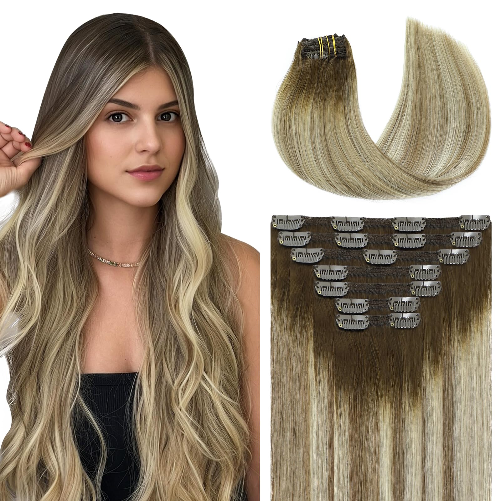 Youngsmile Clip in Hair Extensions Human Hair 22inch 7pcs 160g Balayage Color 3 Brown Fading to 8 Ash Brown Highlight with 22 Medium Blonde Human Hair