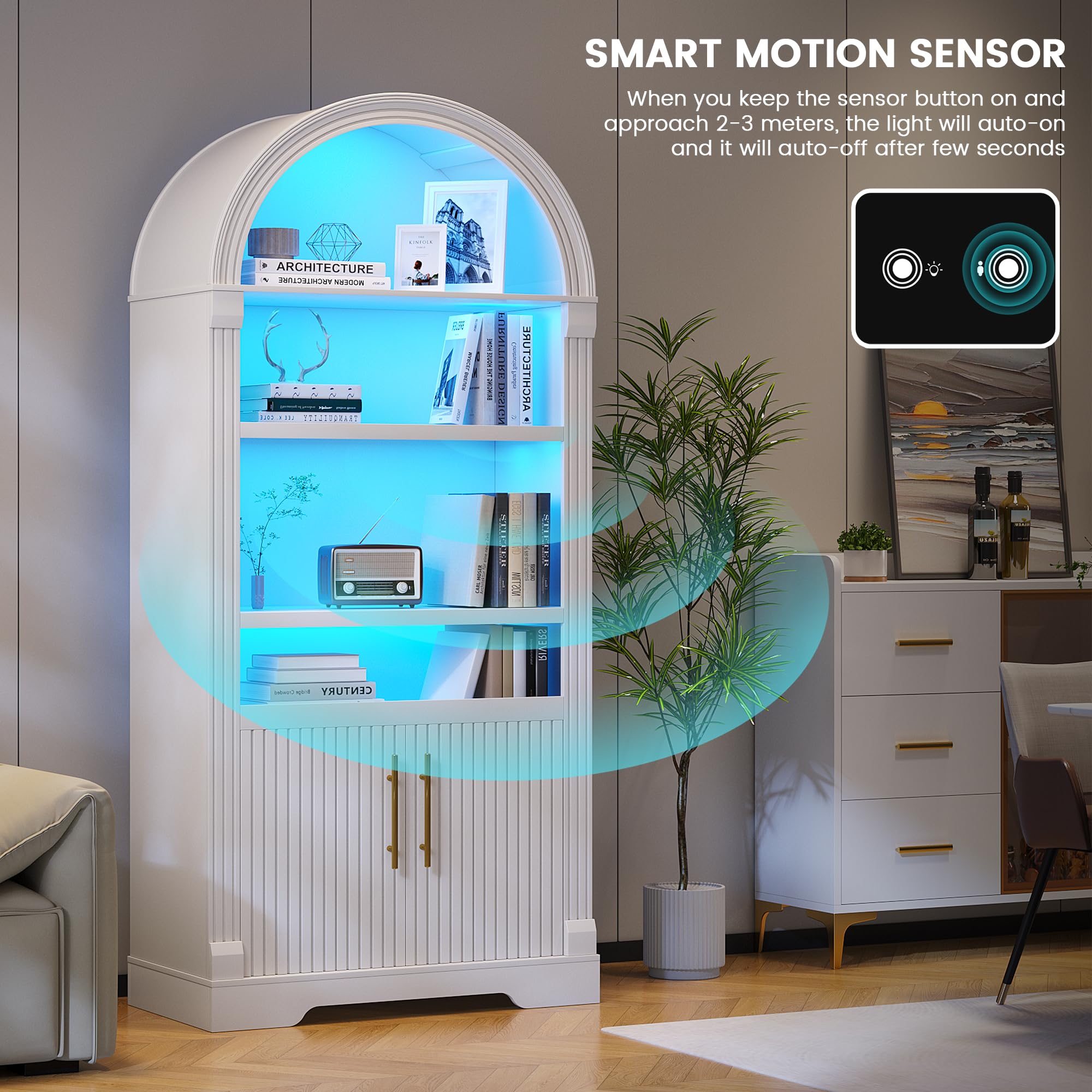 LVSOMT LED Bogen Weinschrank Holz, 180cm Barschrank Modern, 3 Farben Licht, 4 Reihig Rotweinglas Regal, 2 Tür Stauschrank, Weinschränke für Küche Esszimmer Wohnzimmer, Weiß