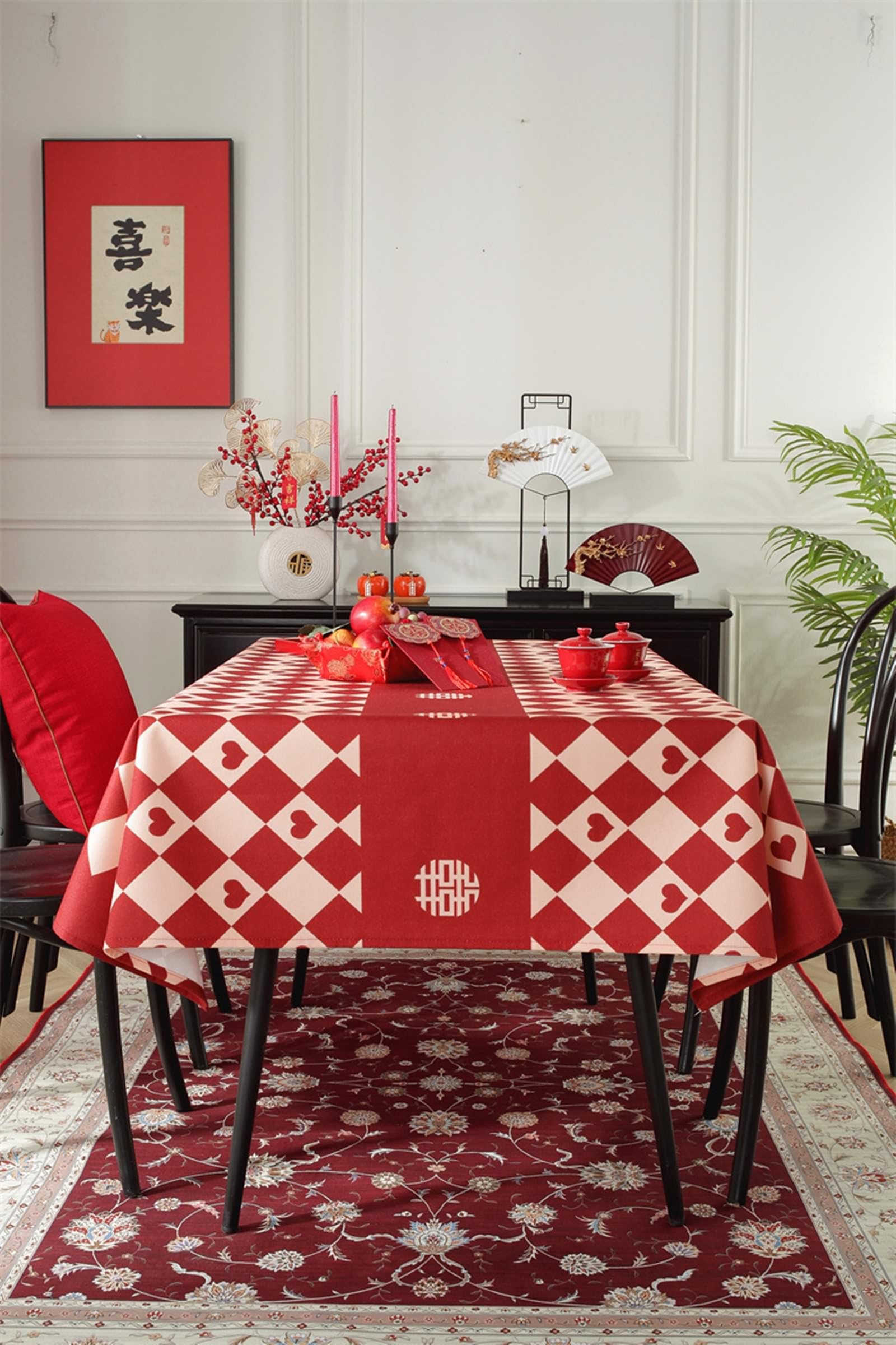 Tovaglia Da Tavolo Moderne, Poliestere Reticolo di rombo con motivo a cuore Tovaglia per Casa e Cucina, Tovaglia Elegante per Picnic, Rosso, Stile 1, 135 x 200 cm