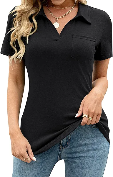 Womens Black Polo Shirt Short Sleeve Work Blouse Fashion Lapel Tops Casual Collared Tunic T-Shirts Black XL