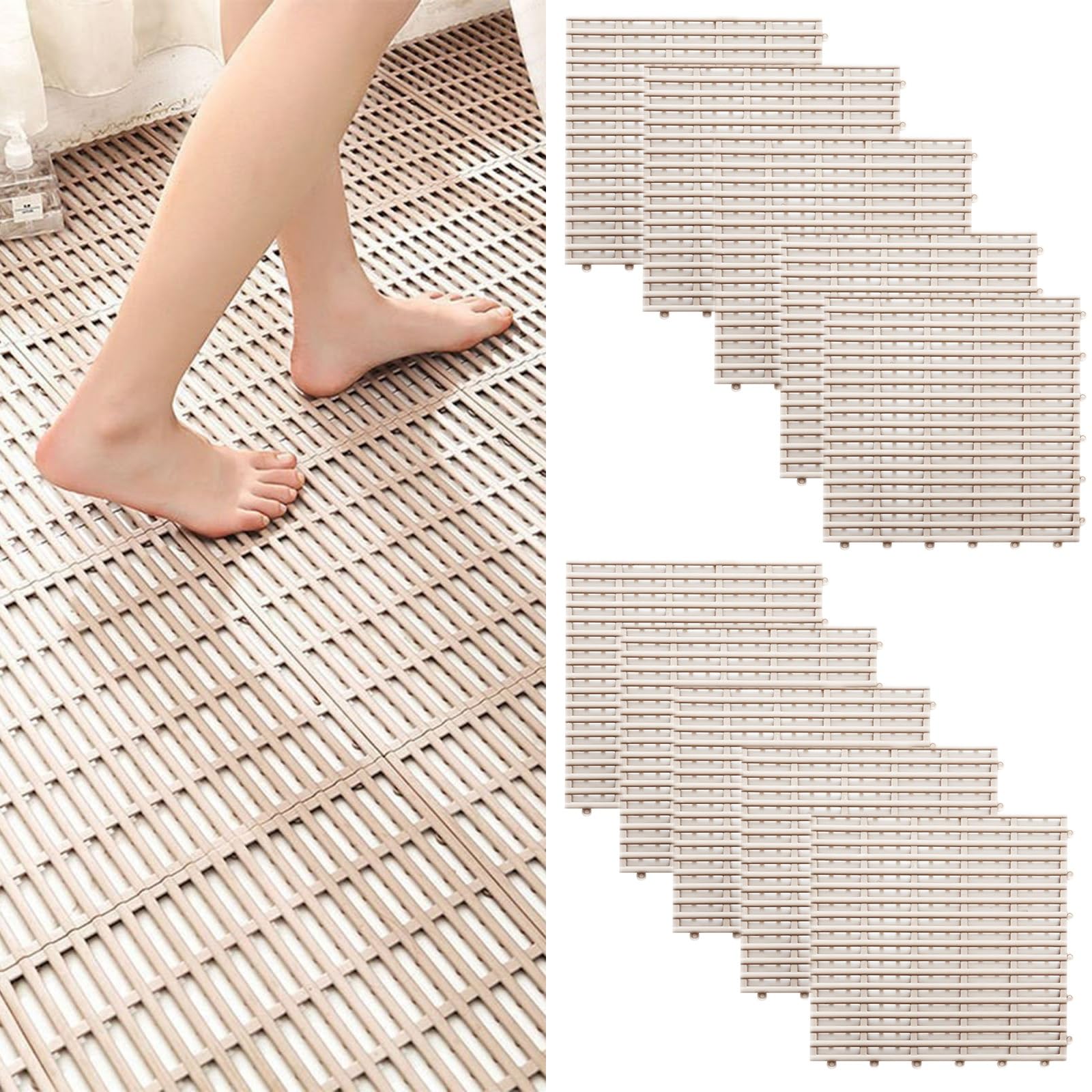 Alfombrilla Ducha Cortada con Bricolaje, Juego Alfombrillas baño cuadradas, plástico Antideslizante for una Ducha Segura en el Interior del baño una habitación húmeda(Beige,10 Pieces)