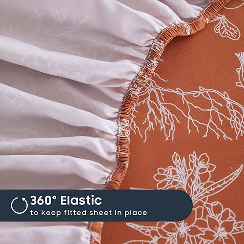 Miniatura 4 de Wake In Cloud - Juego de sábanas botánicas, flores blancas y hojas con patrón de jardín floral impreso en terracota, ropa de cama de microfibra