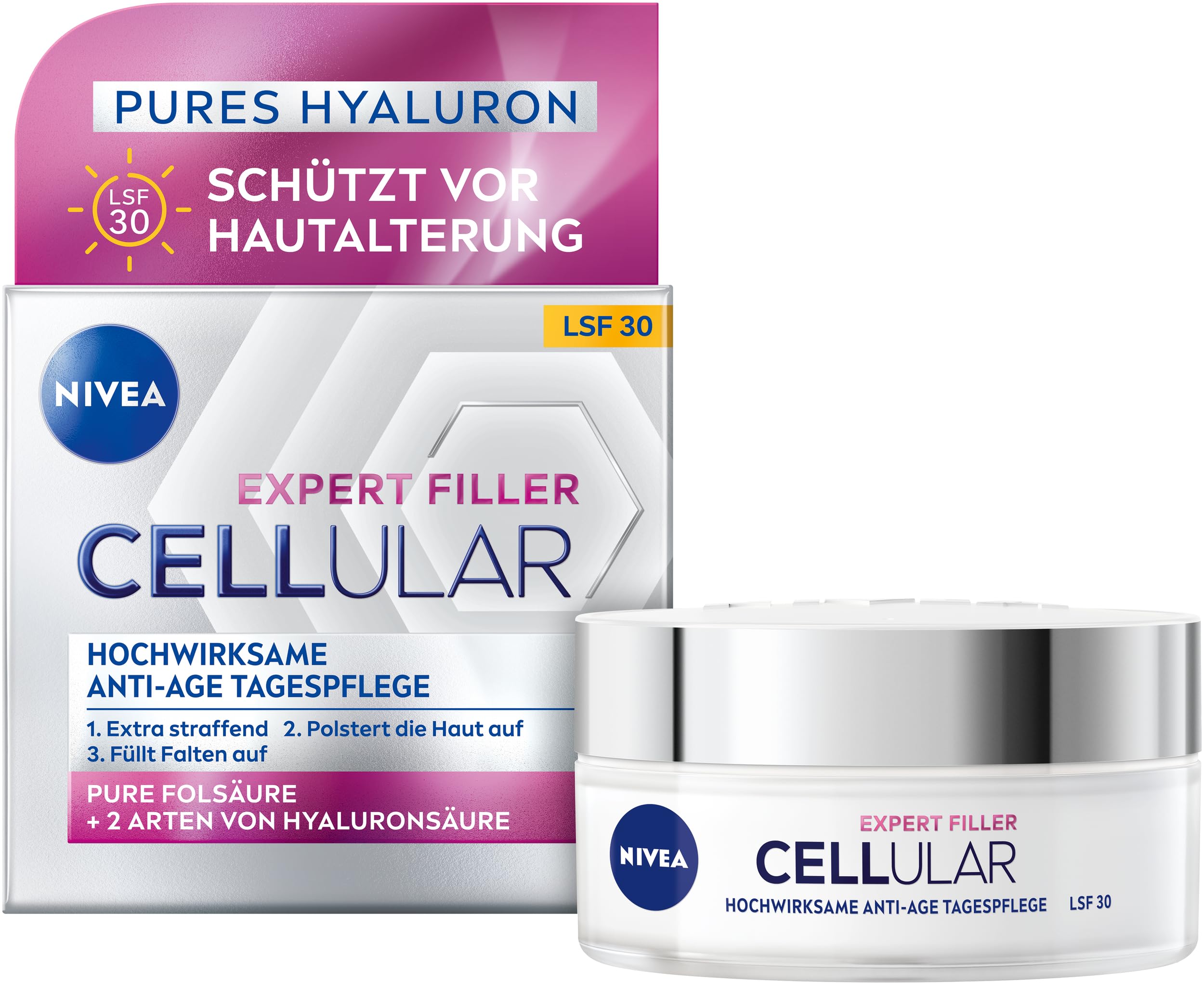 NIVEA Cellular Expert Filler Hochwirksame Anti-Age Tagespflege LSF 15, extra straffende Gesichtspflege mit Auffüllungseffekt, aufpolsternde Tagescreme mit Hyaluronsäure & Sonnenschutz (50 ml)