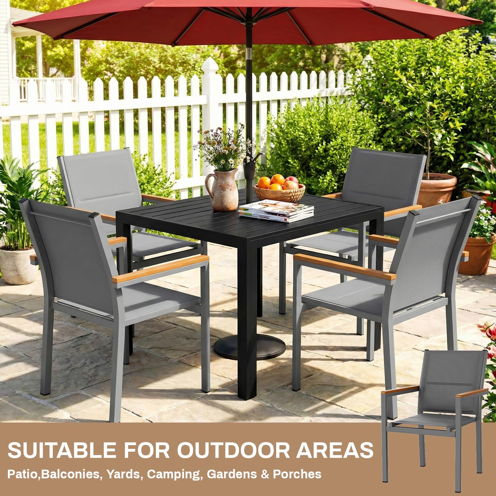 LIFERUN Gartenstuhl 4er Set, stapelbarer Aluminium Esszimmerstuhl, mit Gesteppte Rückenlehne & Sitzfläche, WPC Handlauf Balkonstühle, für Garten, Terrasse, Balkon, Pool, Restaurants, Grau, 4 PCS