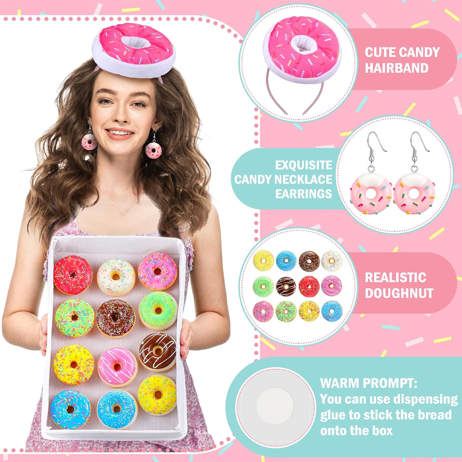 Norme 18 Pcs Halloween Donut Costume Accessories Set 12 Fake Doughnut with Box Donut Headbands Necklace Dangle Earrings for Halloween Doughnut Gift Birthday Party Supplies - Image 5