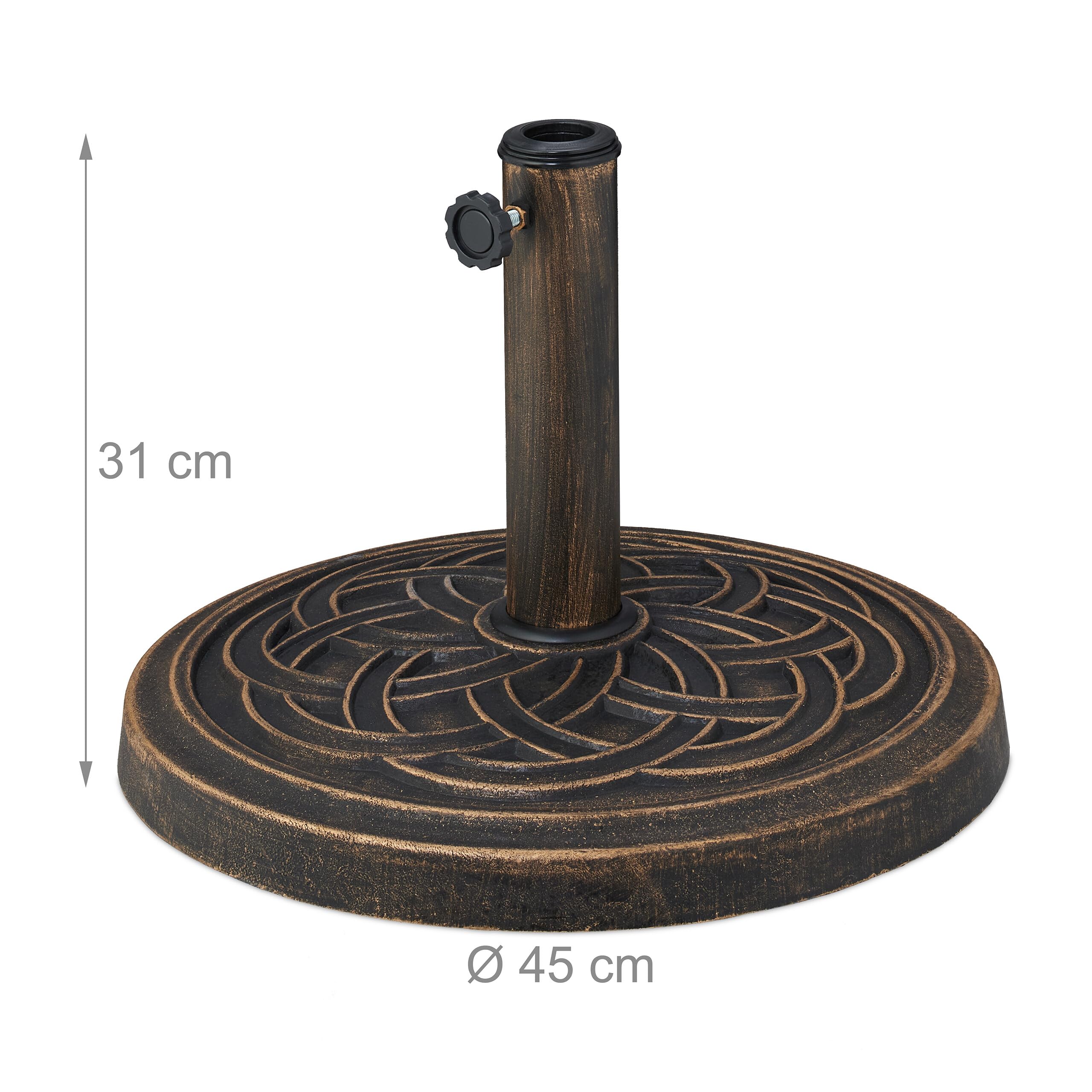 Relaxdays Podstawa parasola ogrodowego, odpowiednia do drążka od Ø 34 mm do Ø 48 mm, wytrzymała, stojak na parasol, okrągły, solidny uchwyt, stal, plastik, żywica poliestrowa