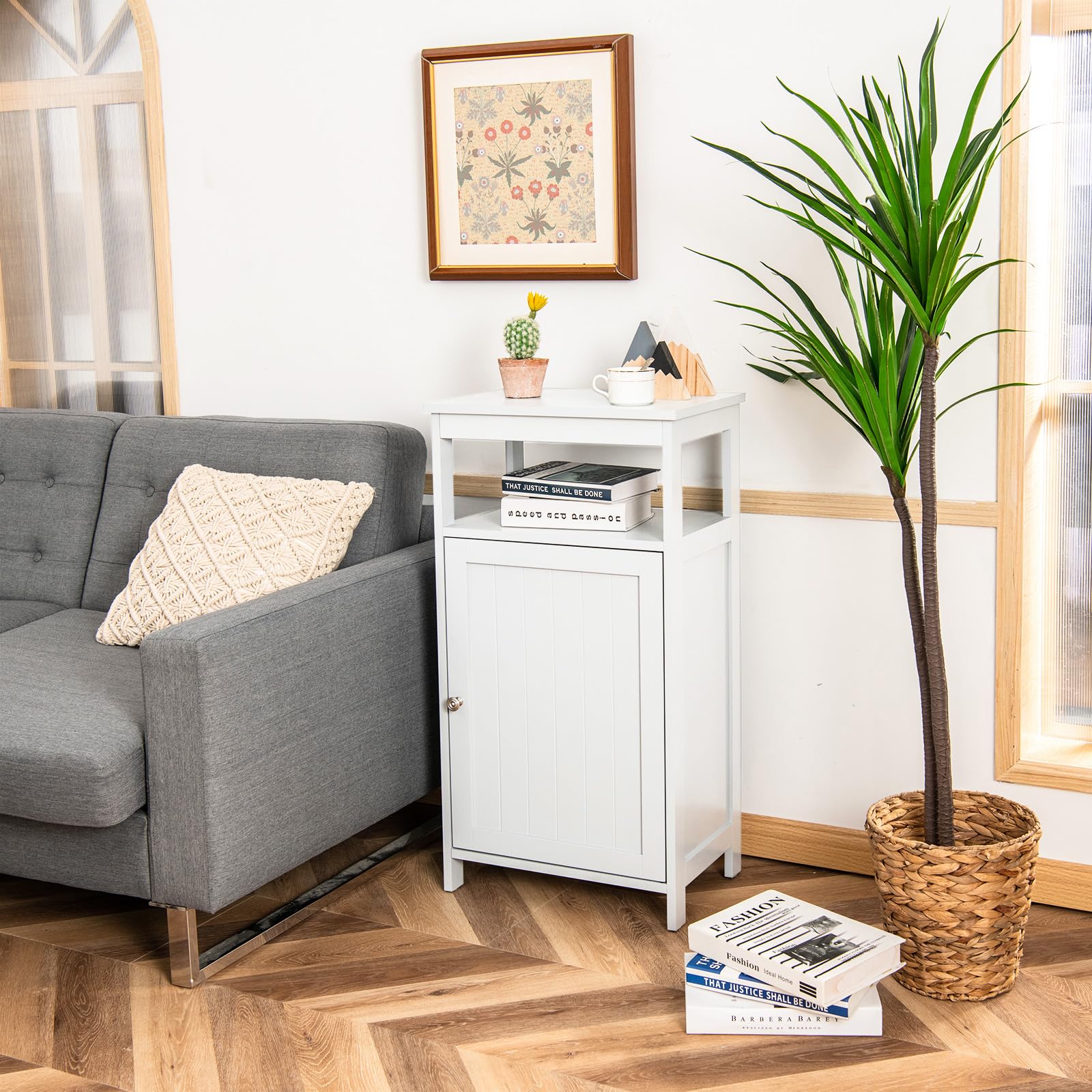 KOMFOTTEU Mobile da Bagno con Ripiano e Armadio a Porta, 45 x 30 x 84 cm, Armadietto da Terra Autoportante in MDF, Armadio d’Archivio per Soggiorno, WC, Camera da Letto, Cucina (Bianco)