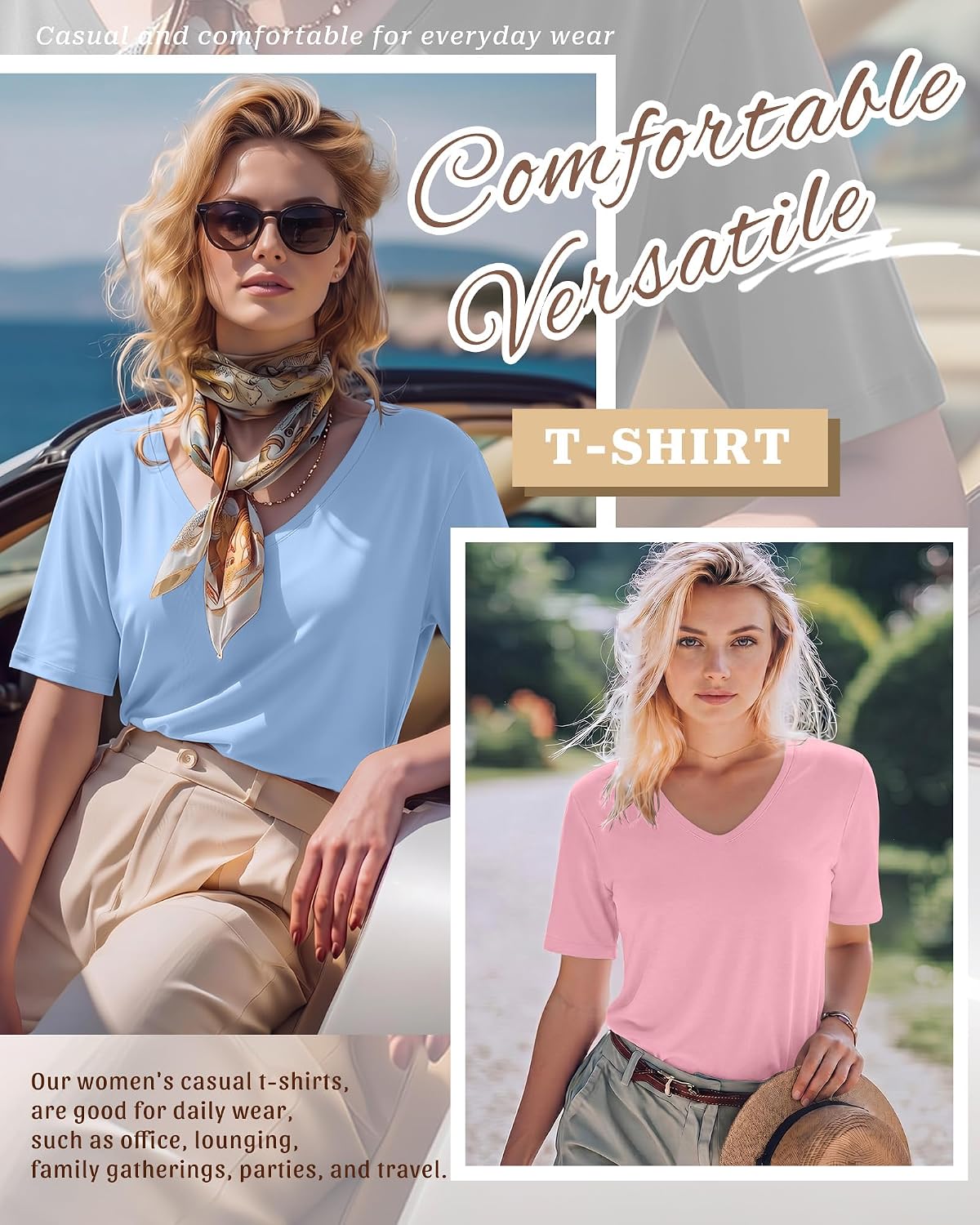 Huukeay 3 Pack Women's Half Sleeve T Shirts V Neck Elbow Length Summer Casual Loose Fit Tops Basic Curved Hem Solid Tees