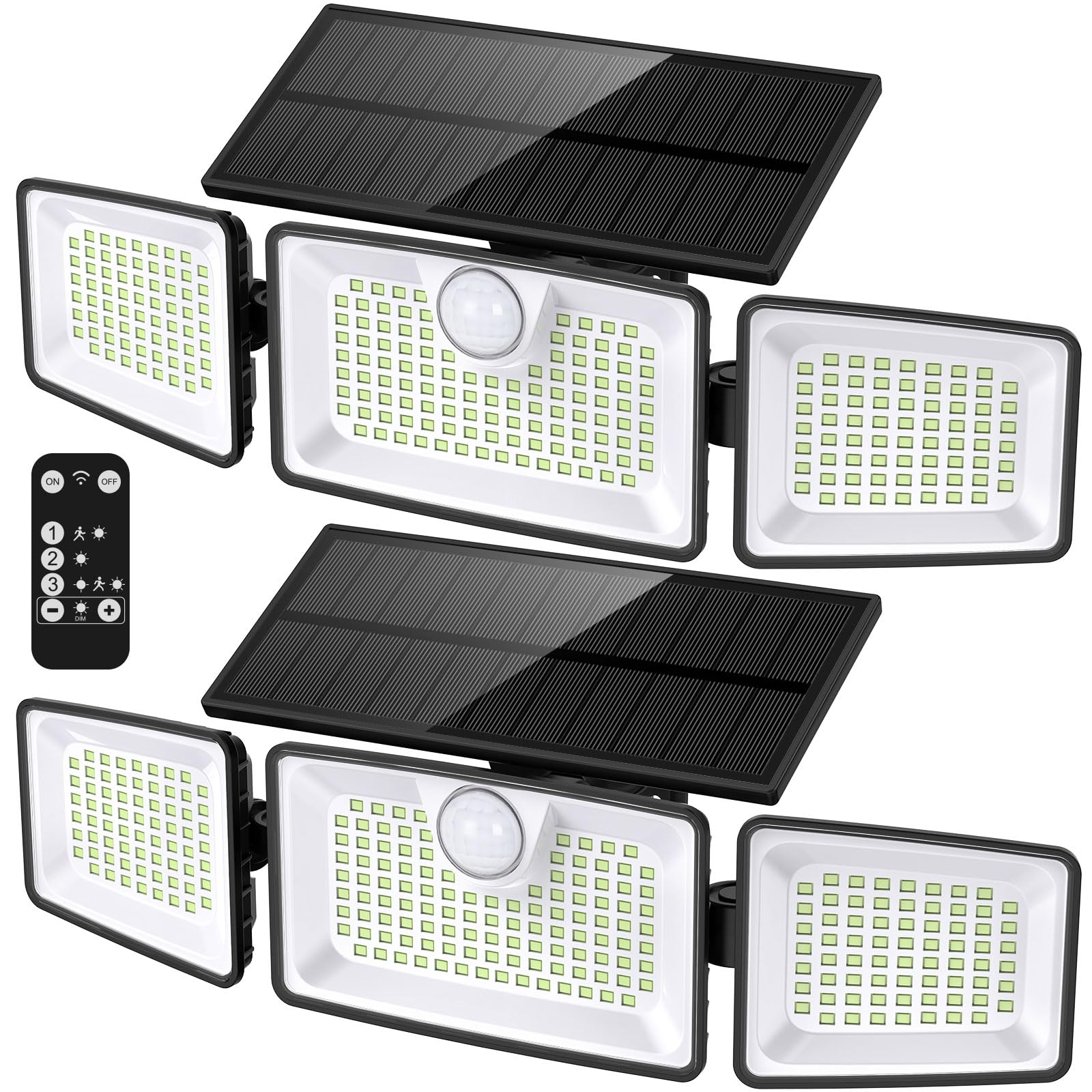 Solar Lights Outdoor 2500LM Motion Sensor Outdoor Lights,3 Head 355° Wide Angle Street Area Lights, Waterproof Security Lights with 3 Modes(Black,Remote-2 Pcs)