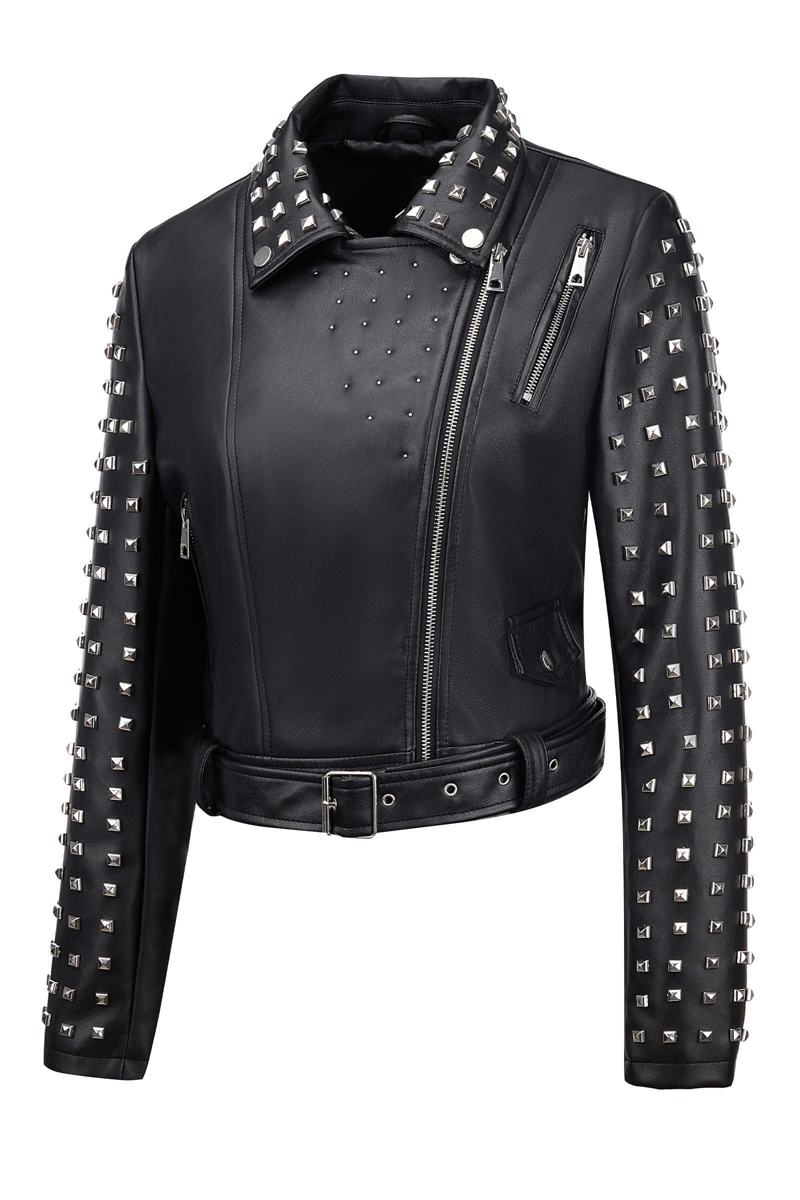 Giolshon Mujer Chaqueta de cuero sintético Remache tachonado Moto Floral Biker Abrigo de solapa corta