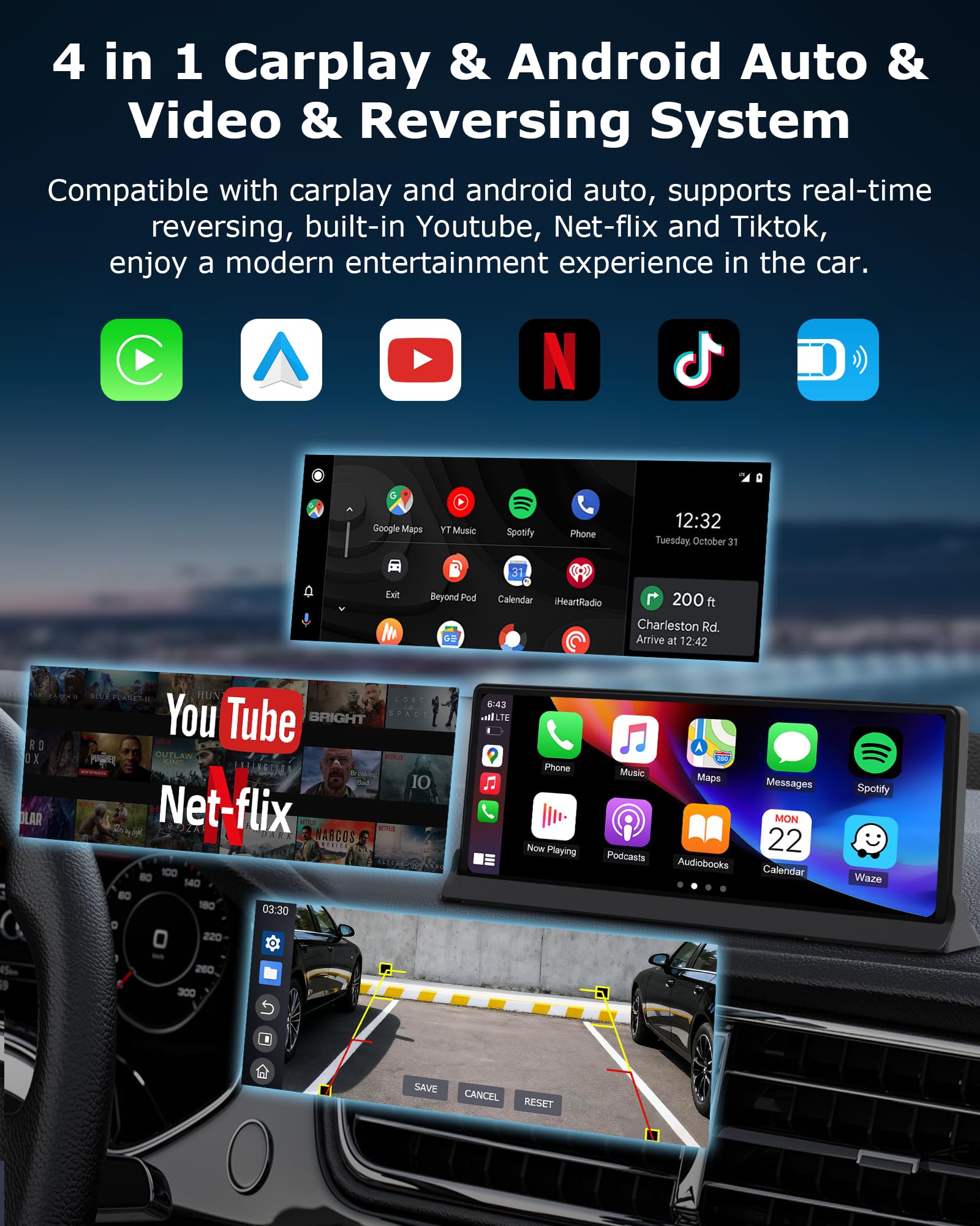 2026 Net-Flix Pantalla Coche Carplay Android Auto con Youtube/Tiktok, Soporte Exclusivo 10,26 Pulgadas Pantalla Carplay Coche Radio Car Play con Cámara de Marcha Atrás WLAN de Doble Banda, Bluetooth