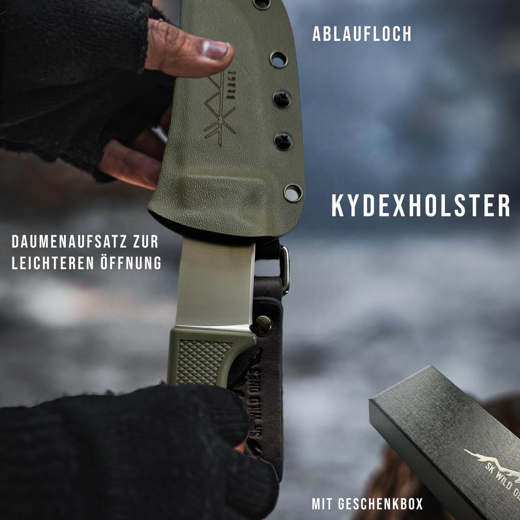SK Wild Ones® Outdoor-Messer – feststehendes Werkzeug mit Echtleder- & Kydex-Dangler – EDC-Messer – aus 440C Edelstahl – Grün – Bragi