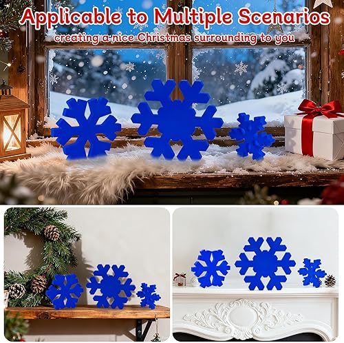 Miniatura 5 de 3 piezas de decoración de copo de nieve de madera flocada de terciopelo, letrero de mesa de copo de nieve azul de Navidad para centro de mesa