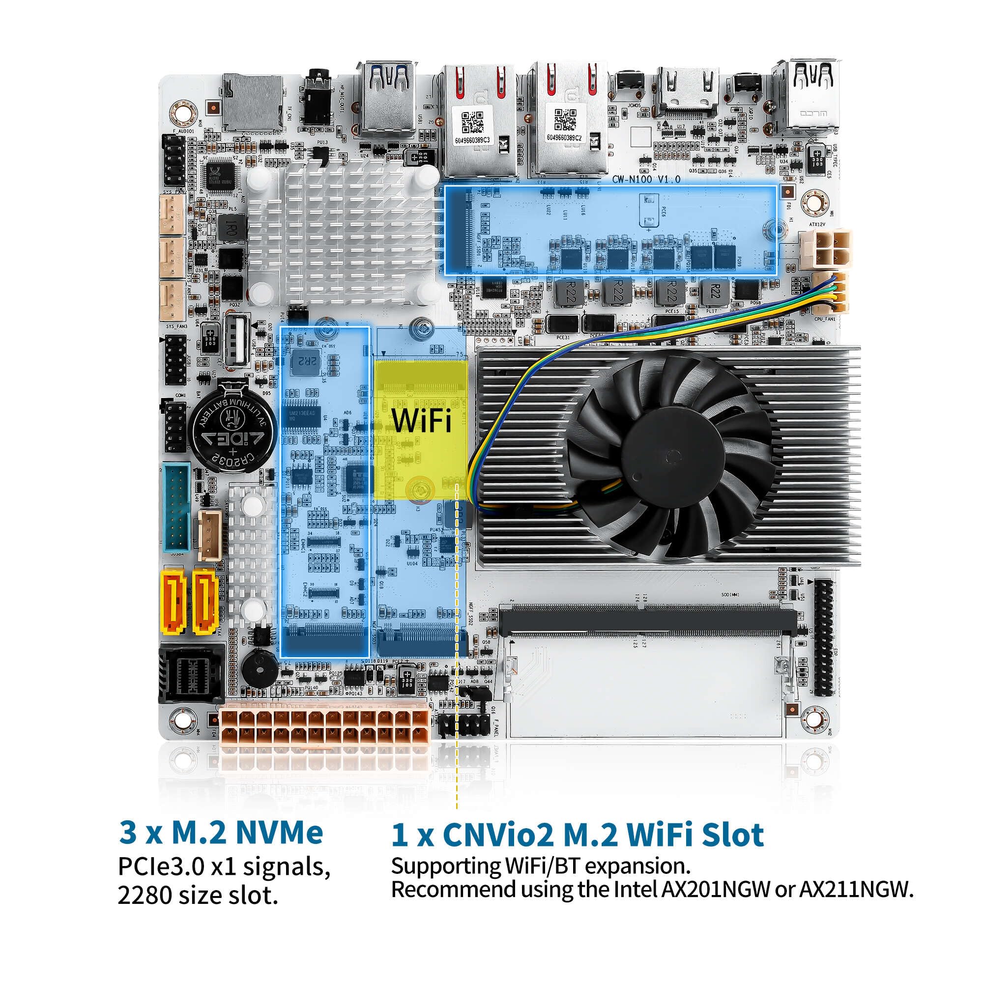 NAS Motherboard 6 Bay SATA3.0, N150, Mini-ITX Motherboard with 2 x 10GbE LAN, 3 x M.2 NVMe, Computer Board, Type-C, TF, HD, DDR5, Barebone, No RAM NO SSD (with Adapter)