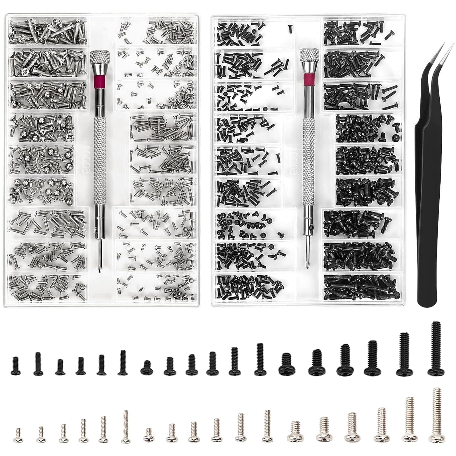 1000Pcs Tiny Micro Repair Screw Kit, 18 Sizes Tiny Screws M1.2 M1.4 M2, Replacement Screws Kit with Screwdriver and Tweezers for Glasses, Laptop, Sunglasses and Watch Repair (L＋N)