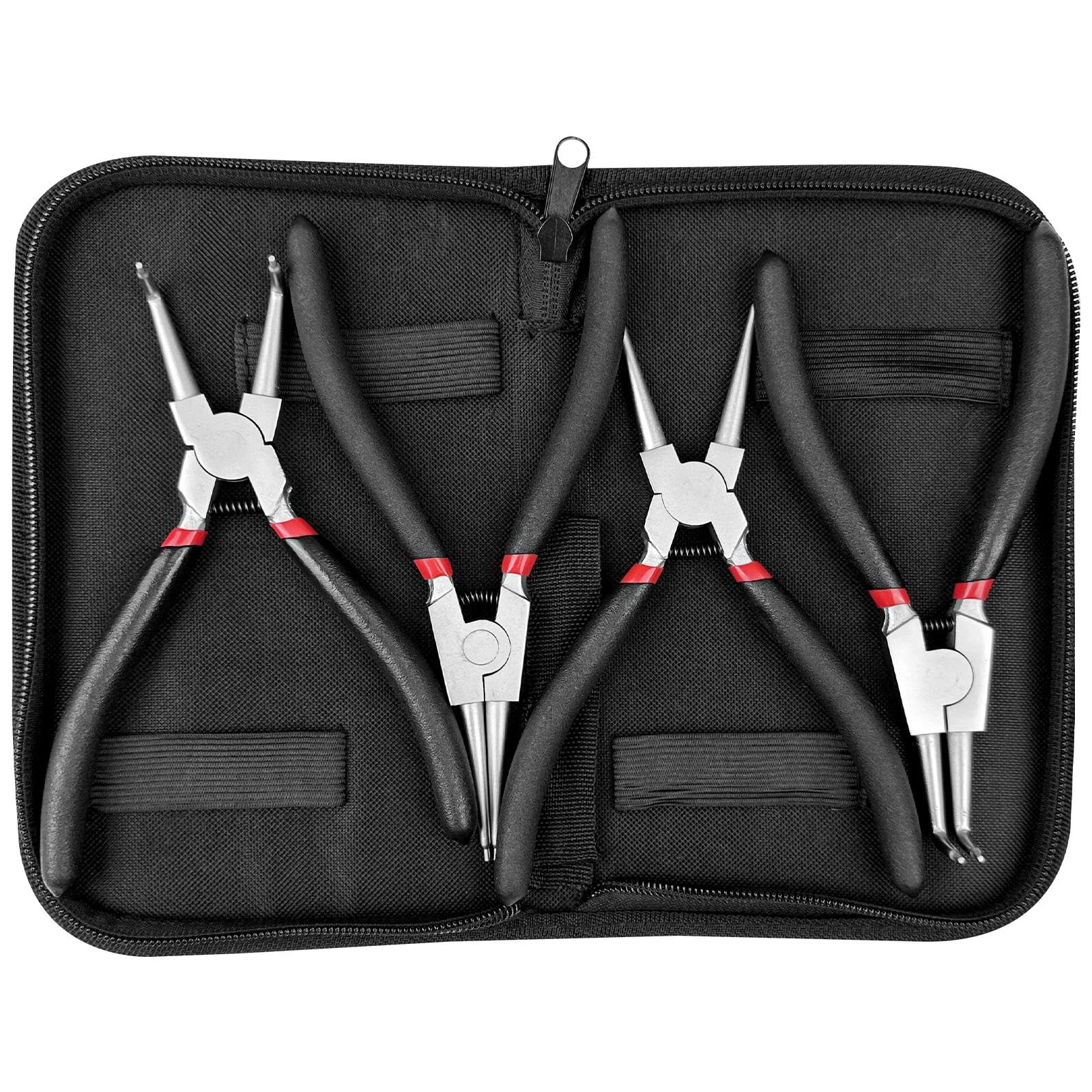 4 piezas alicates circlip Interiores, alicates circlip Externos, Rectas con mango aislado, Curvas con Bolsa de Almacenamiento para Anillos de Retencion