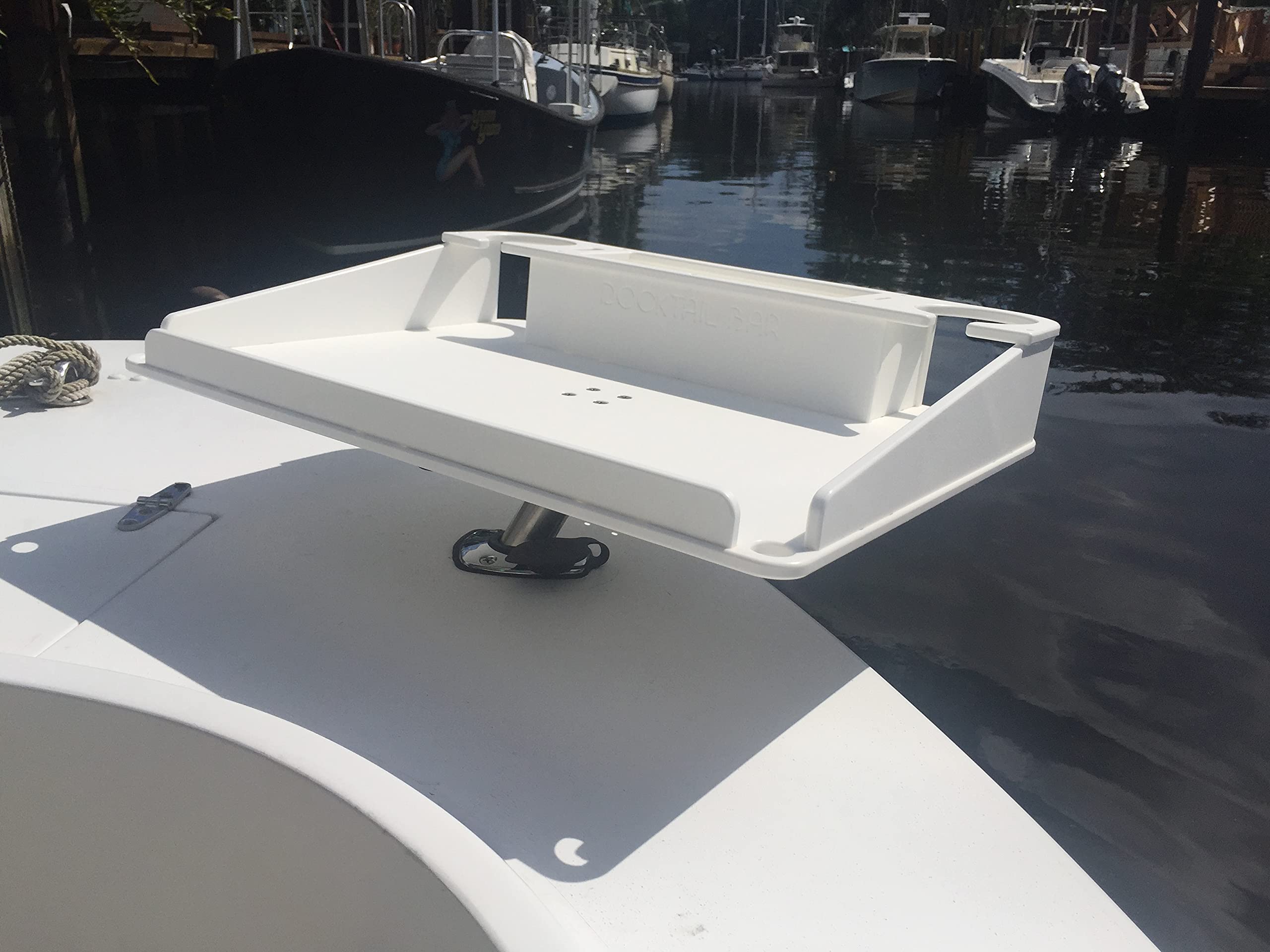 Boat Utility Table with Cup Holders and Storage Mounts in Rod Holders