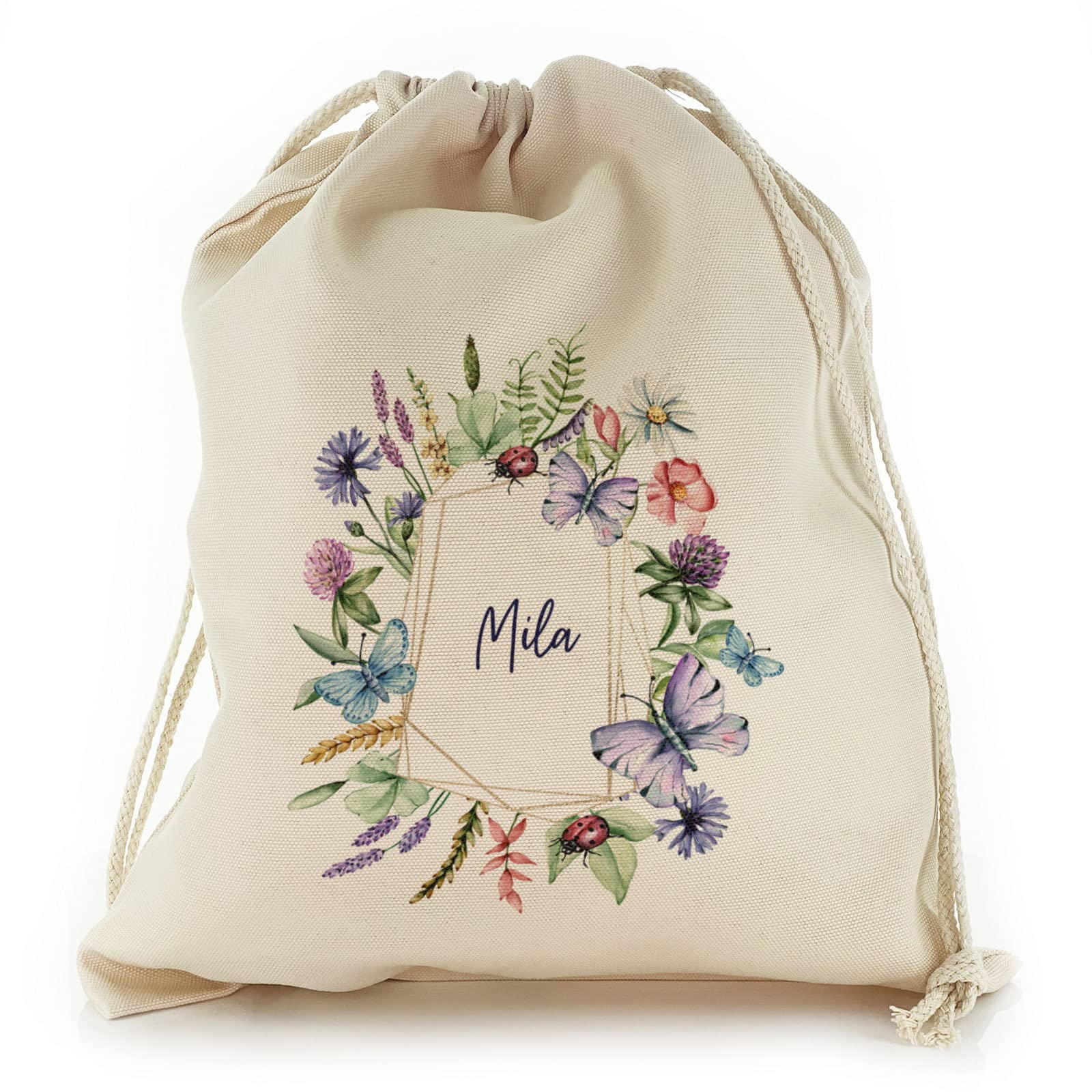 Personalised Gift Bag, Reusable, Floral Gift Bag, Blue Butterfly Ladybird Flower Design Drawstring Sack, Garden Seed Storage Bag Customised with With Name/Text, Sizes: XXS, XS, S, M, L, XL